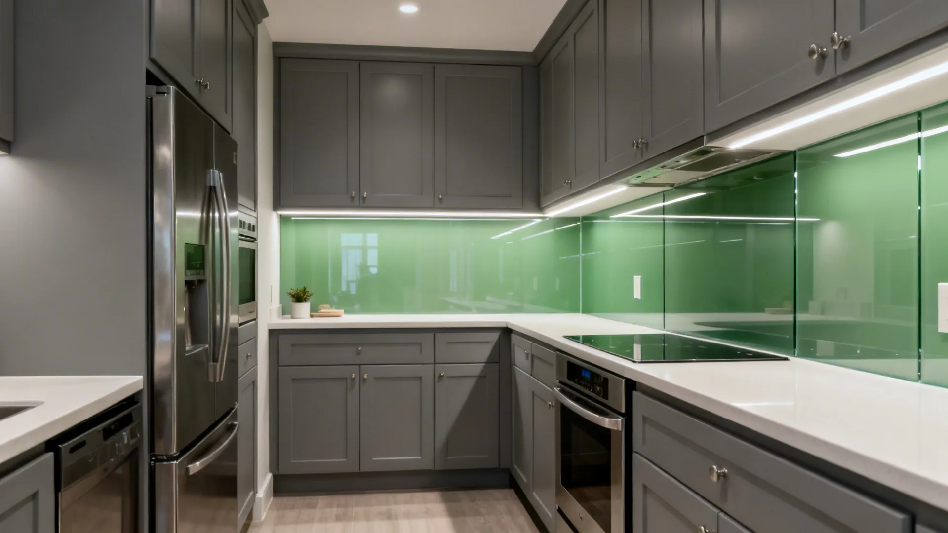 Idea 2: Mid-Grey Shaker with Glass Backsplash Glow