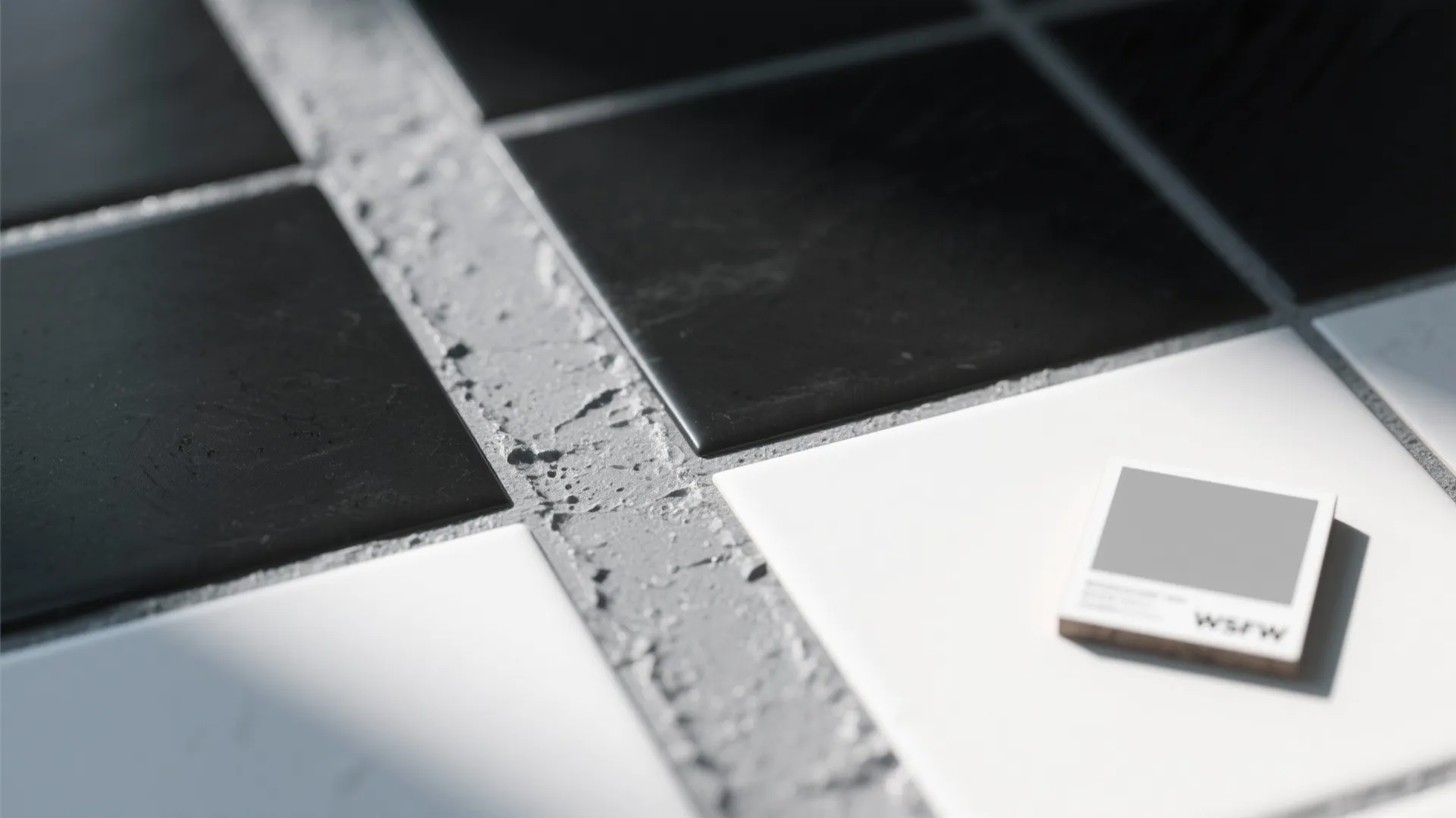 Close up view of black and white floor tiles with thick grey grout lines detail