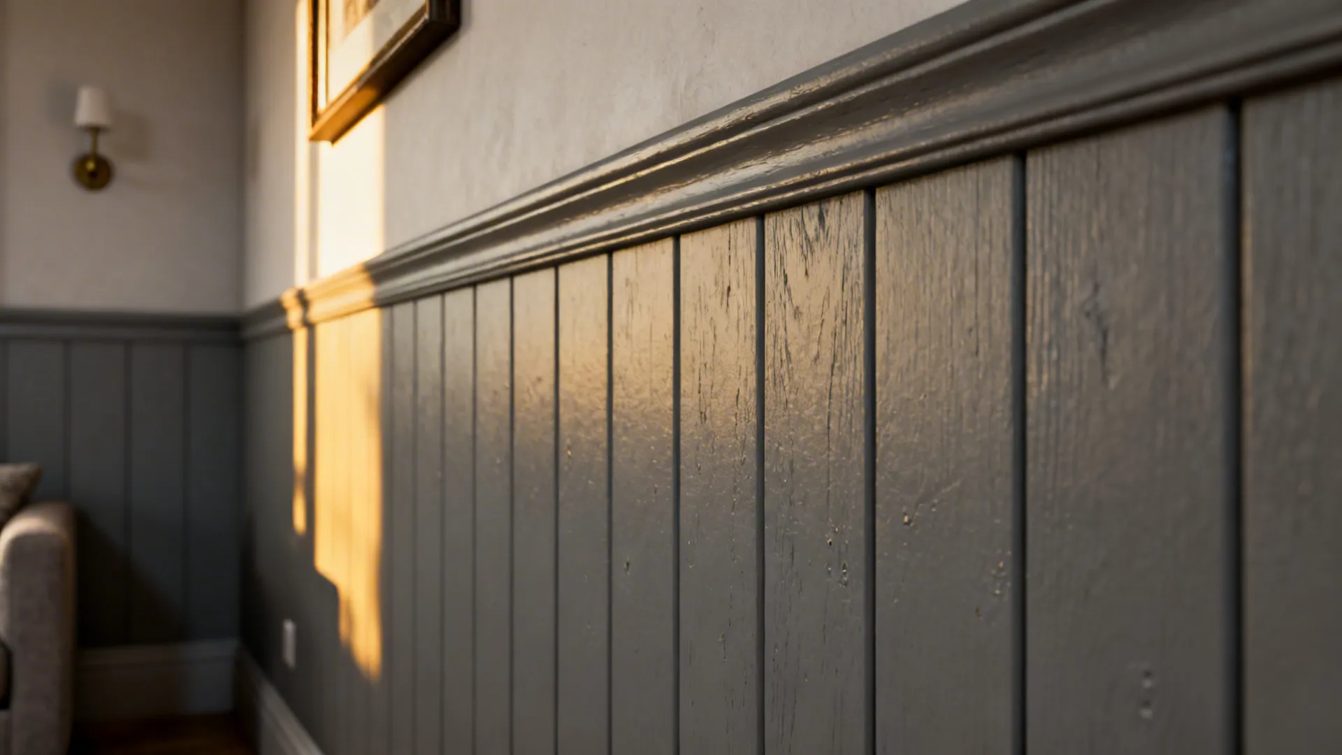 Close-up of mid-grey shiplap paneling showing texture and subtle shadow lines.