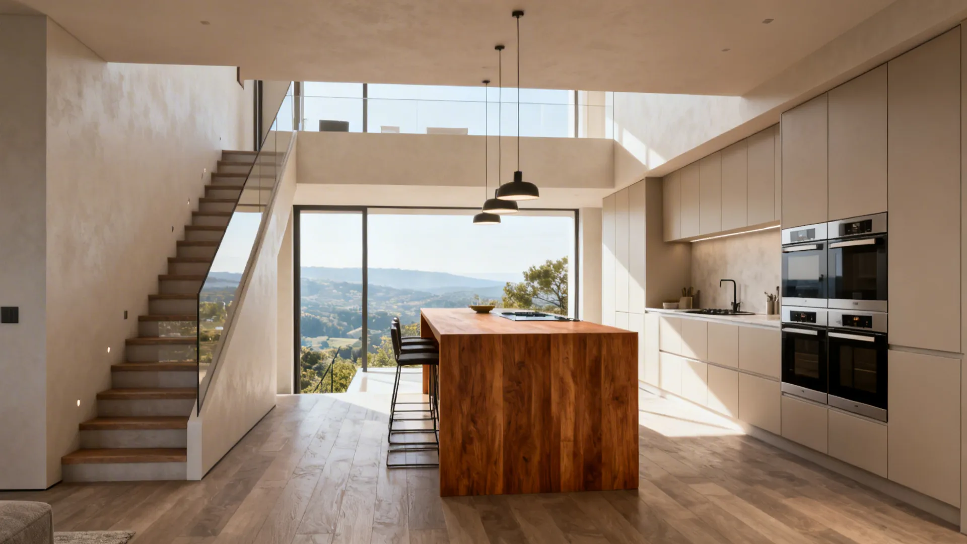 Mid-level kitchen with island oriented toward the landing, improving circulation in a split-level home.
