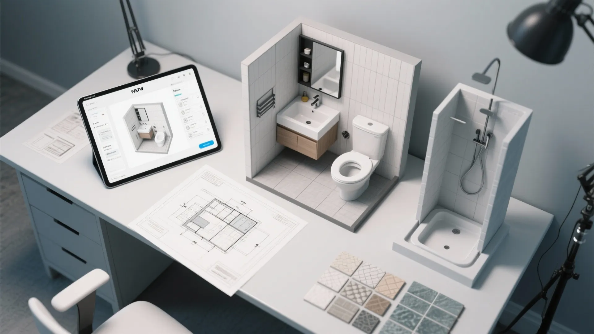 Table with interior design drawing and tablet showing bathroom layout with sink toilet and shower