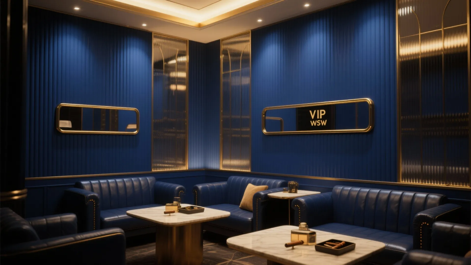 Luxury blue lounge room featuring leather sofas, marble coffee tables, gold accents, and wall lighting
