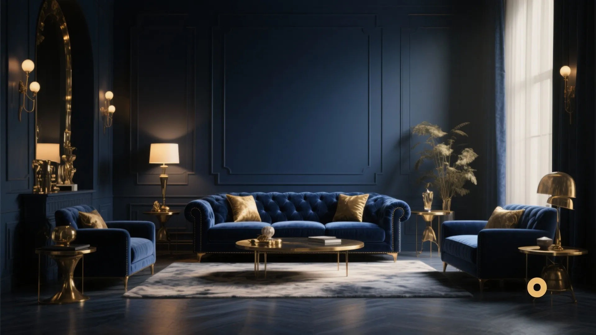 Midnight blue living room with velvet sofa and gold accents