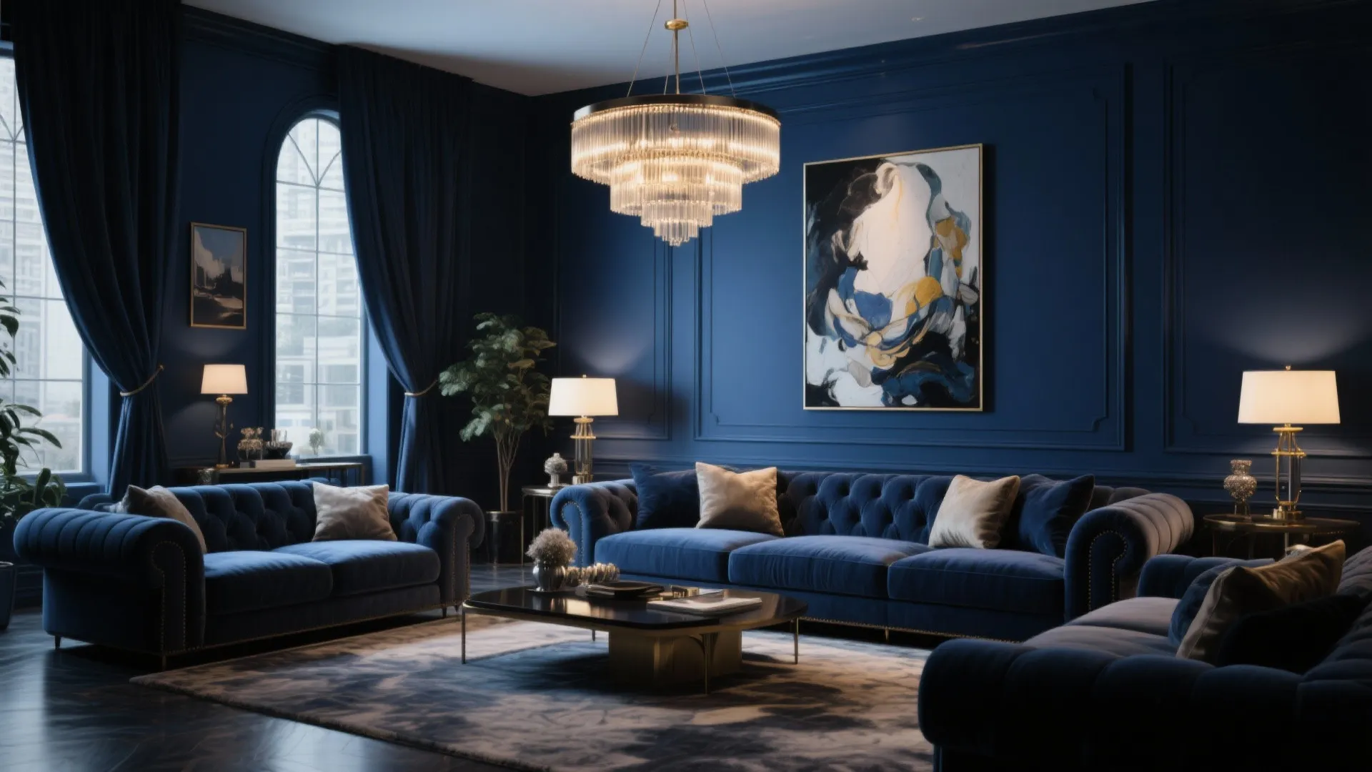 Luxury navy blue living room with velvet sofas large ceiling light wall panel and abstract art