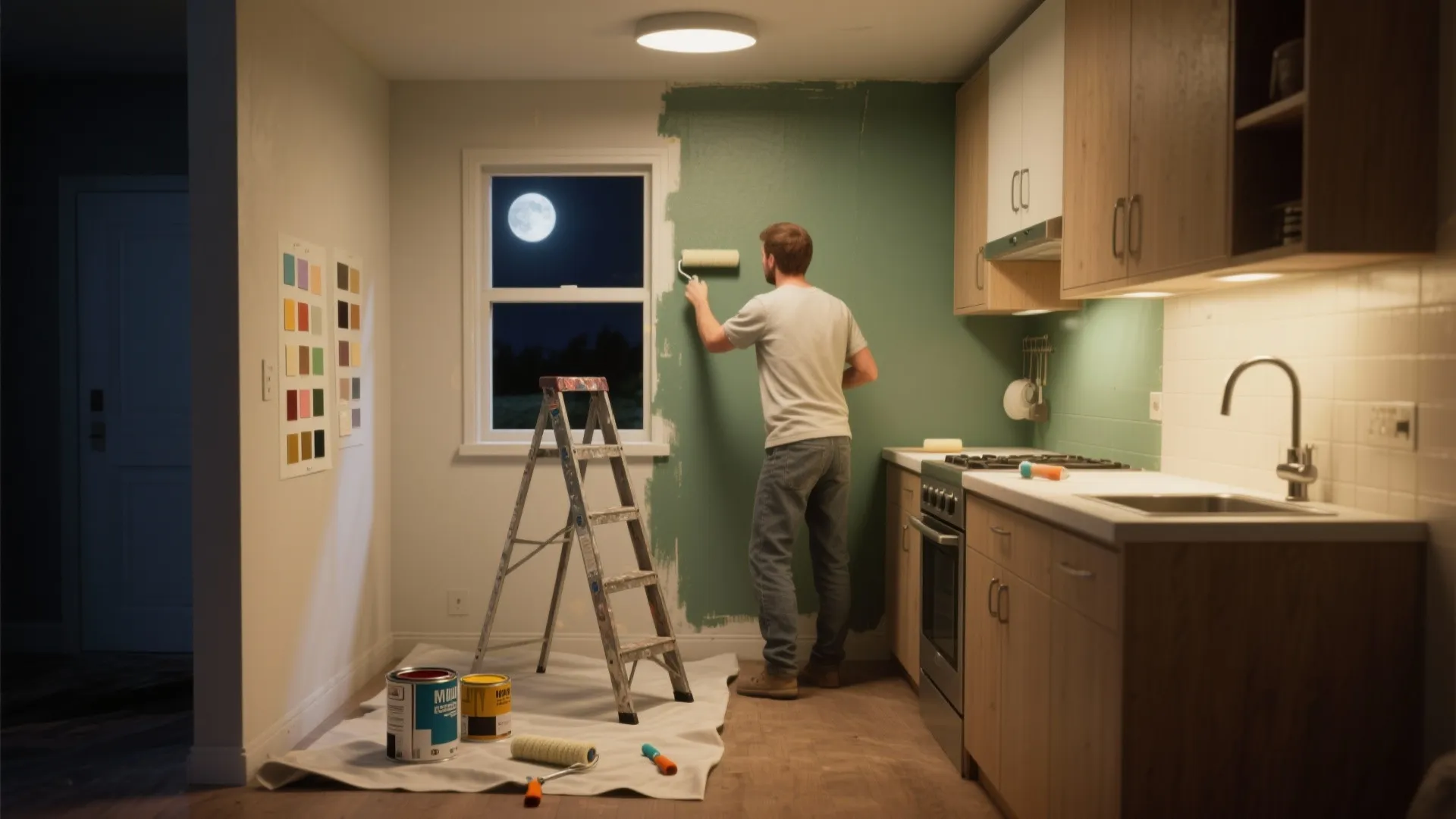 Man painting kitchen wall green at night with a full moon visible through the window