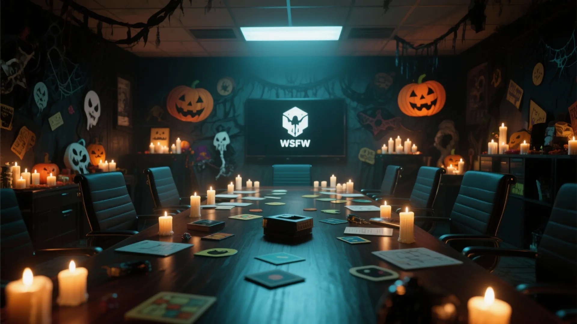 Dark meeting room with candle lights hanging pumpkins and spooky wall decorations for a themed party