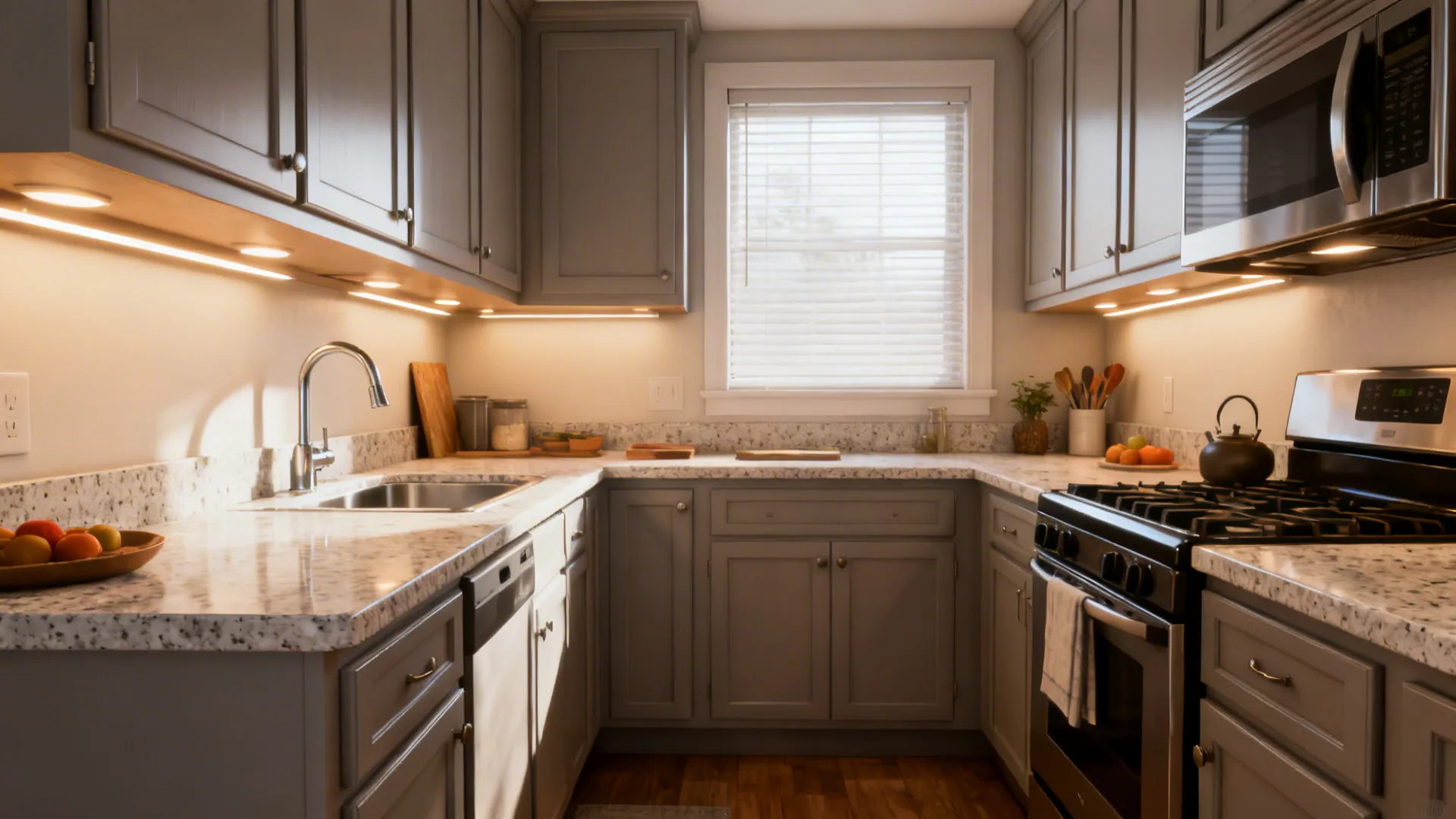 Smart mid-range small kitchen with semi-custom cabinets, quartz countertop and improved lighting.