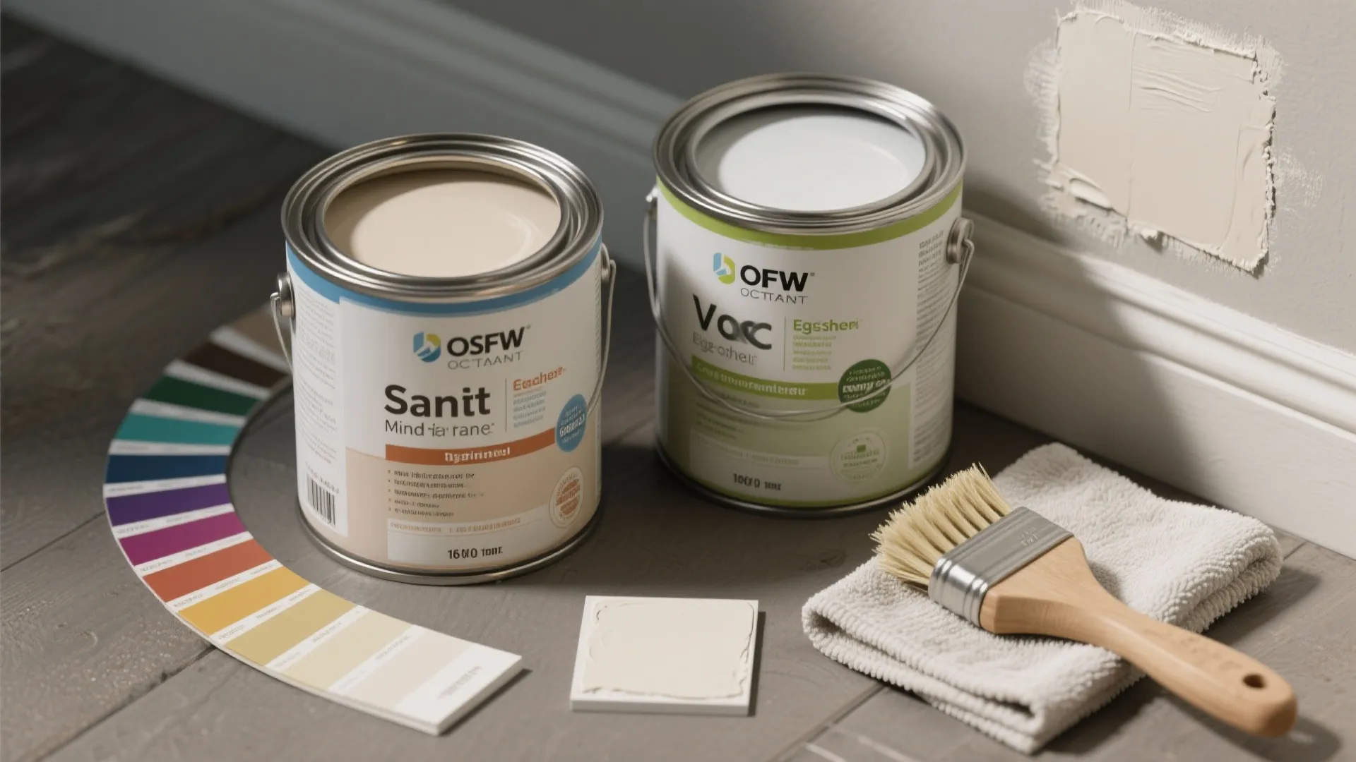 Flatlay of mid-range paint cans, swatches, and VOC-friendly labels showing durable finish options