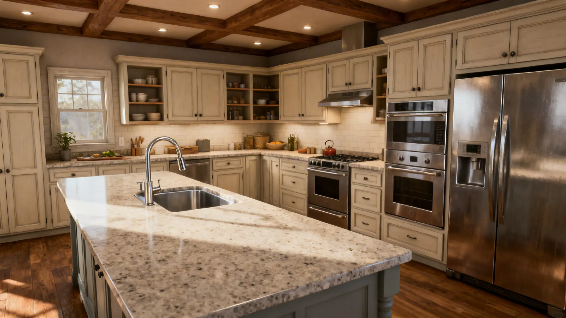 Mid-range kitchen with semi-custom cabinets, engineered countertop, and selective appliances.