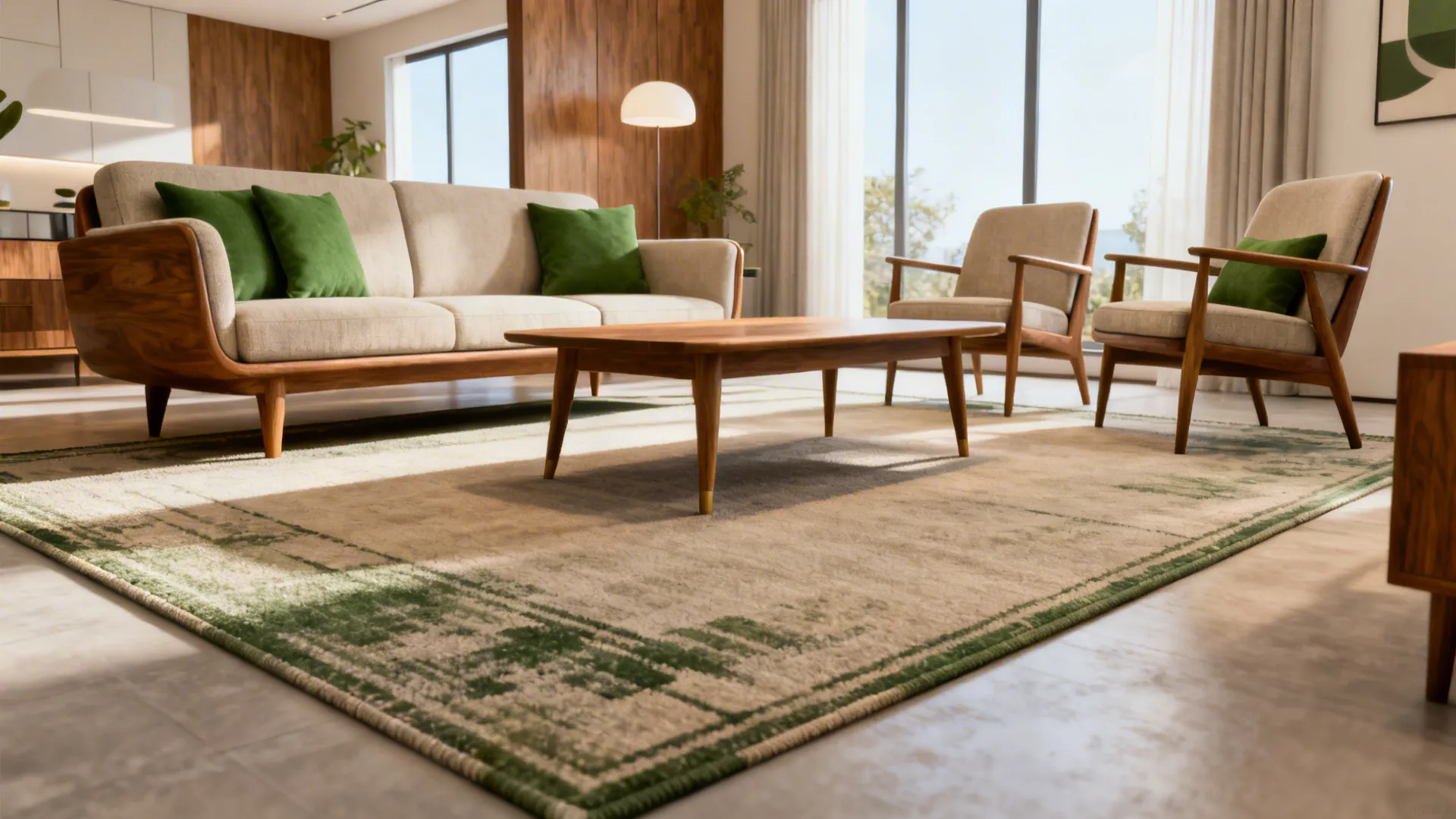Medium living room with an 8x10 rug unifying sofa, chairs and coffee table