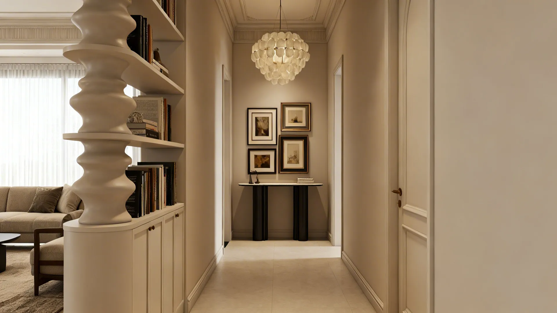 Neutral hallway with white bookshelf round ceiling light small table four pictures and white door