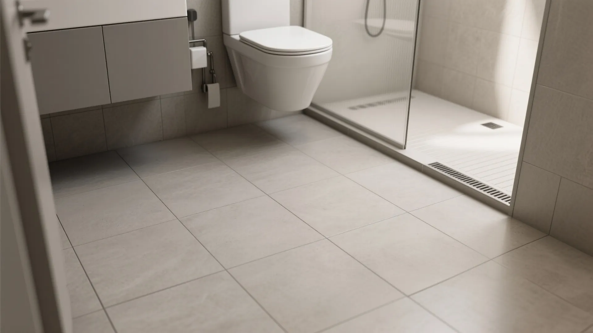 Small bathroom with 12x24 matte floor tiles laid cleanly around fixtures for balanced grip.