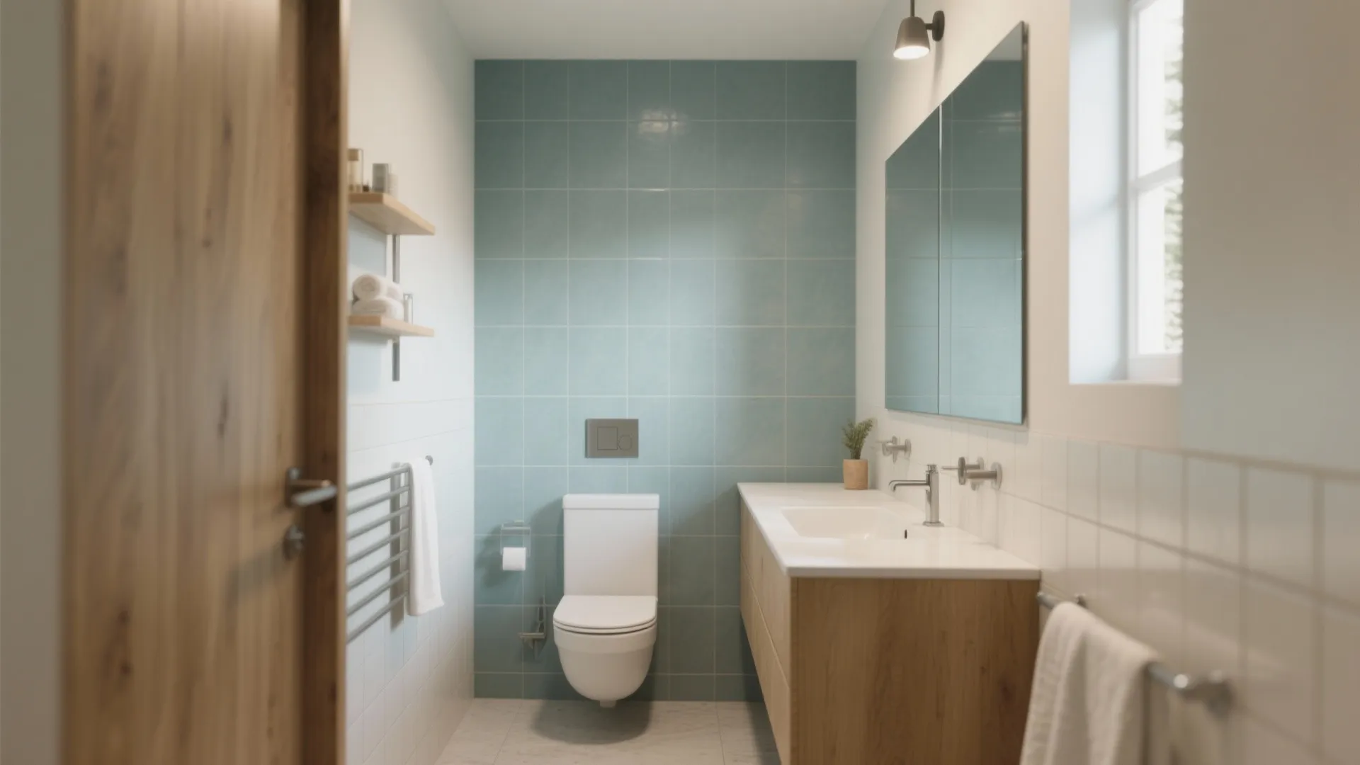 Small bathroom with a sage mid-tone tile feature wall, lighter grout, and oak accents adding warm character.