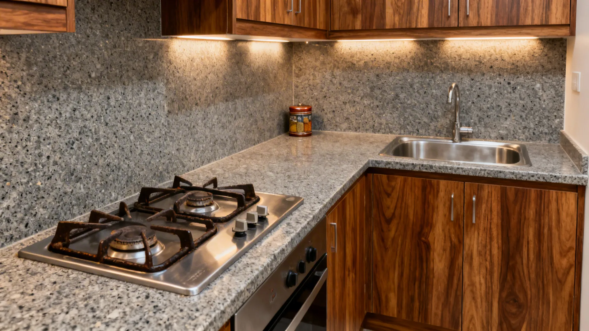 Mid-tone steel-grey granite countertop with teak-look cabinets in a compact kitchen.