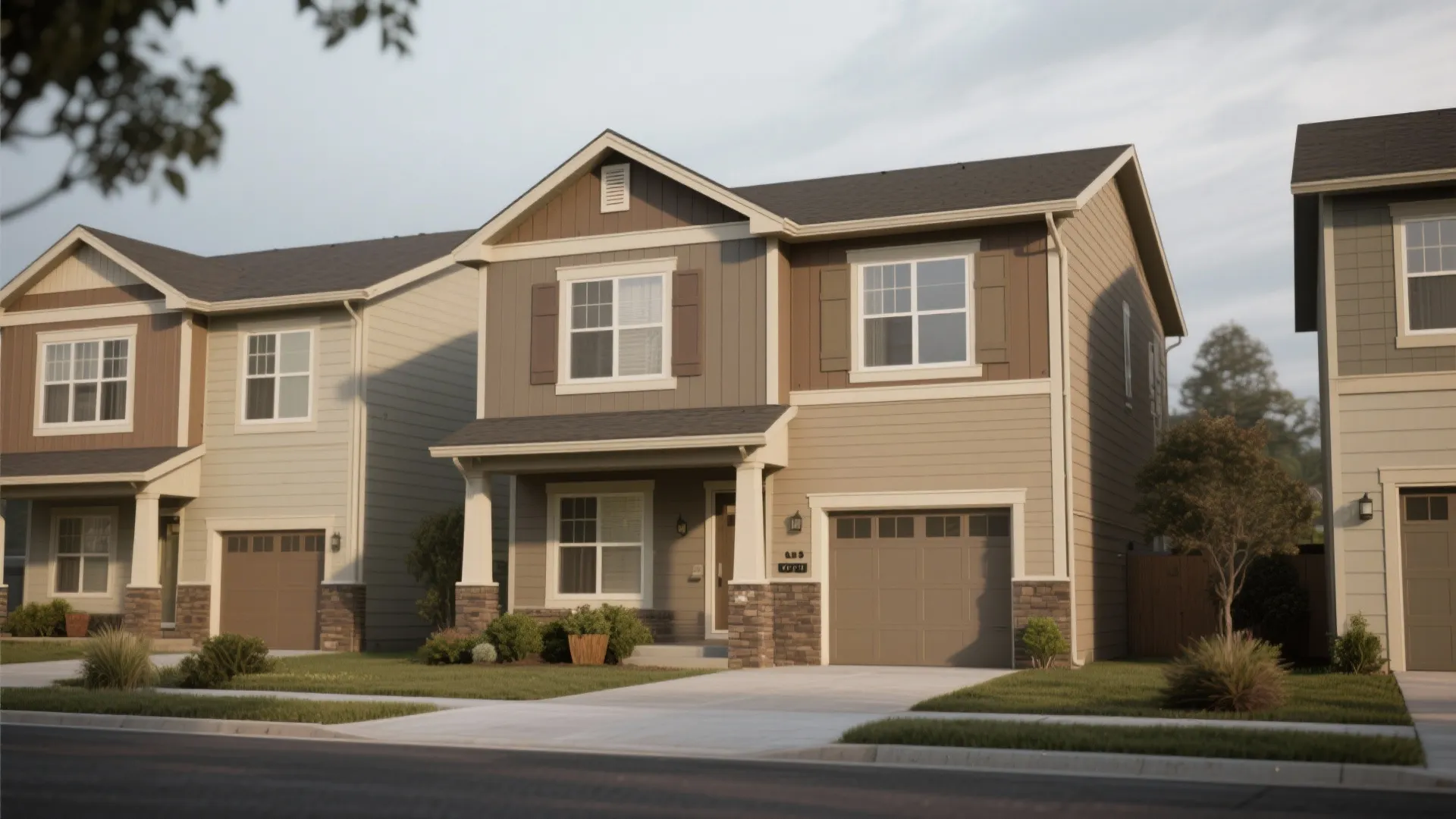 Two story house with brown wall panels and white window trim near a concrete driveway