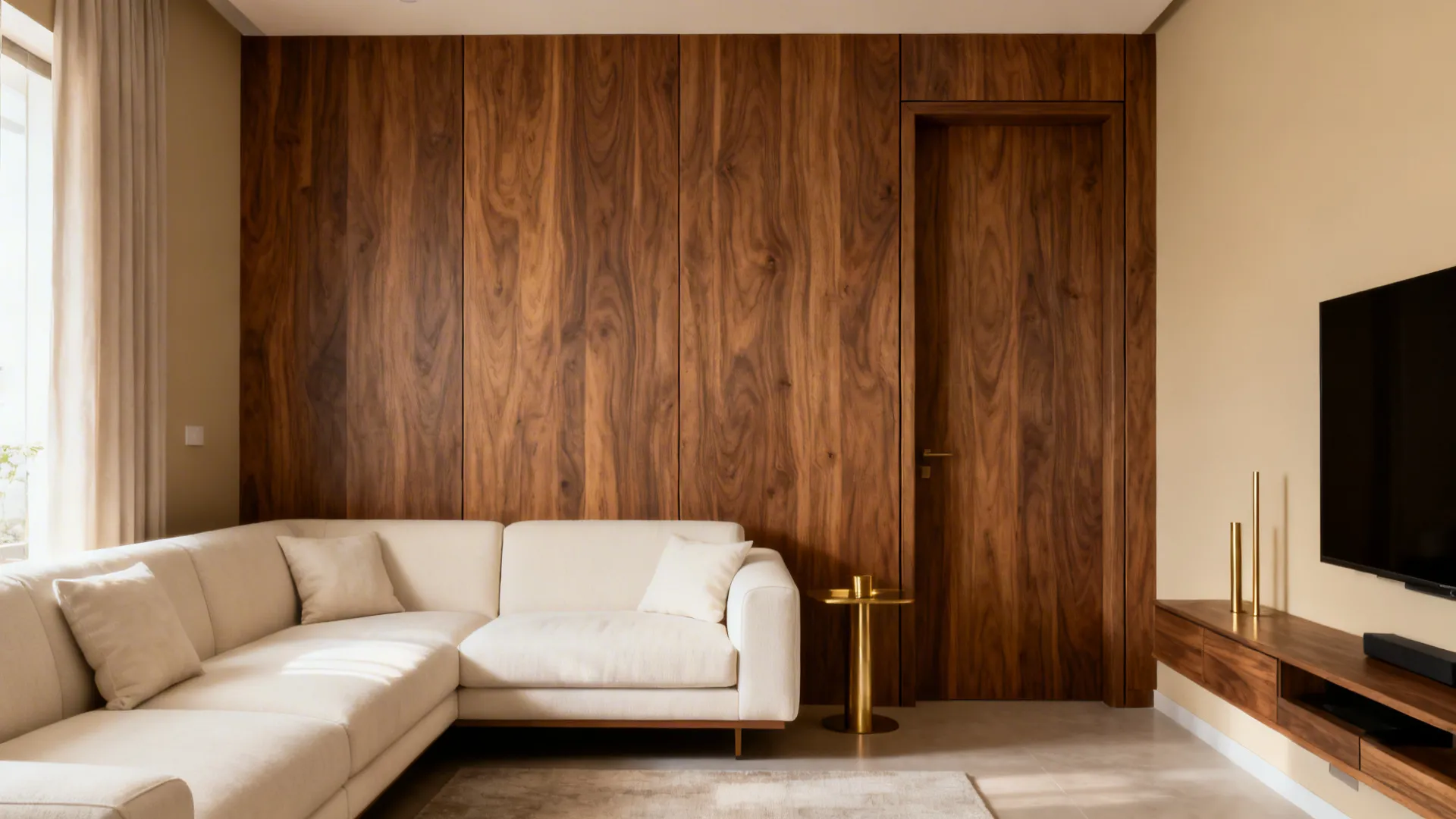 Mid-tone wood veneer panel behind a sofa in a compact modern living room.