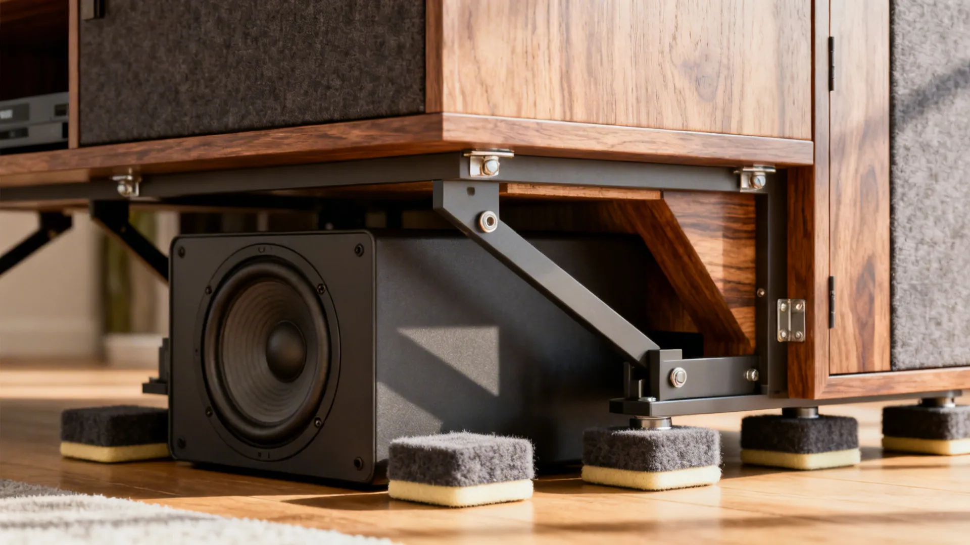 Black speaker sitting under wooden cabinet with metal legs on a bright natural wood floor