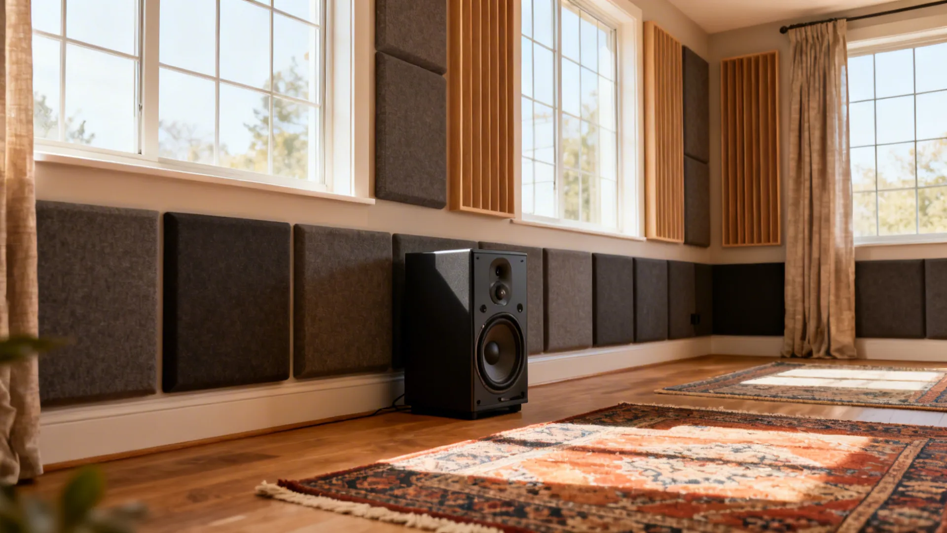 Subwoofer placed midway along a wall in a living room with rugs and curtains to smooth bass.