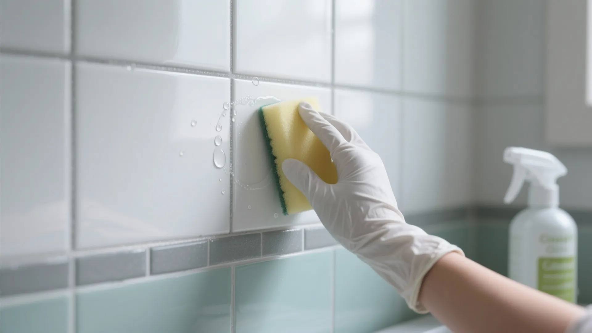 Person wearing white glove scrubbing bathroom wall tiles with yellow sponge and spray bottle nearby