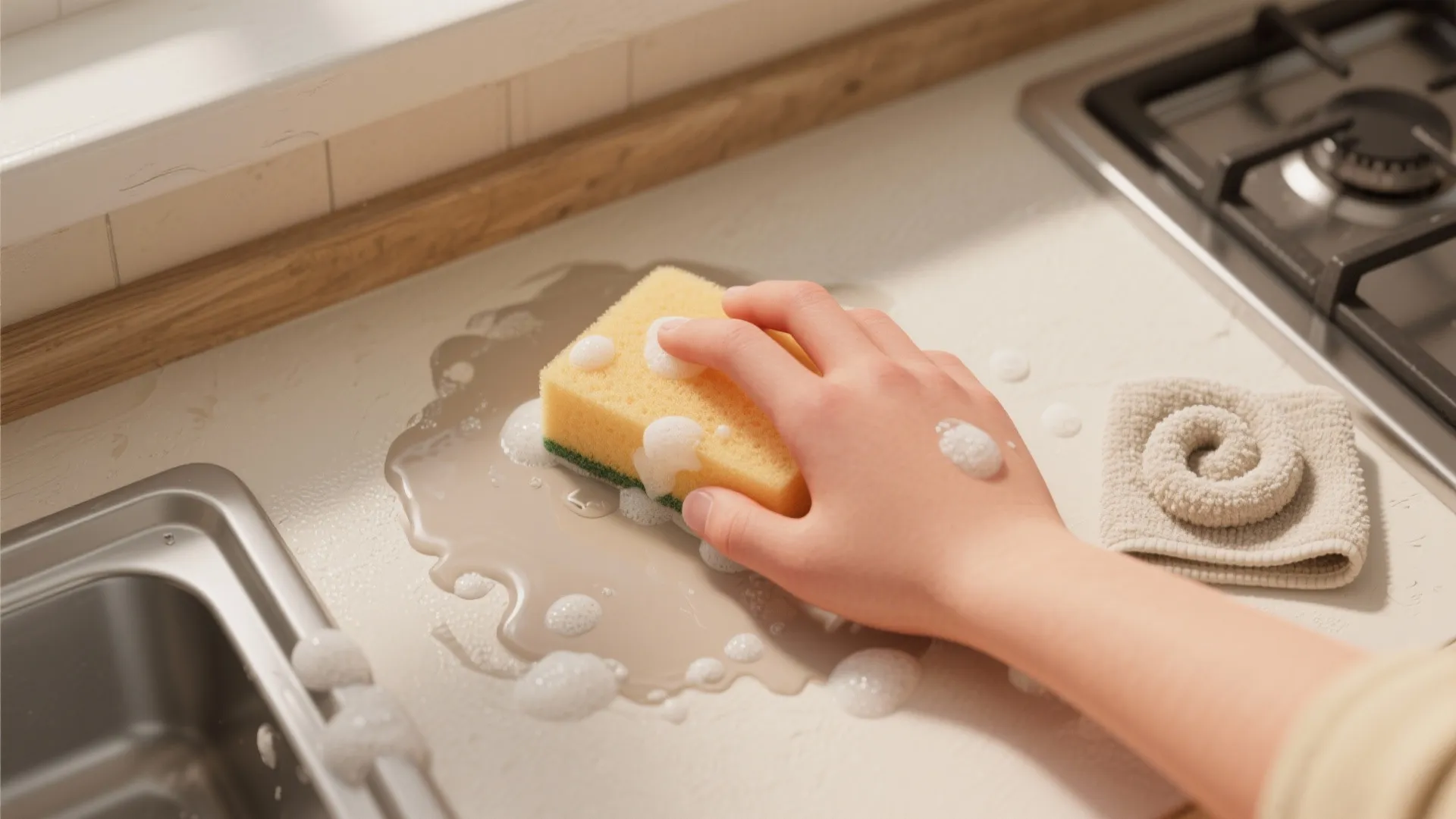 Person using a yellow sponge with soapy water to clean a kitchen counter near sink