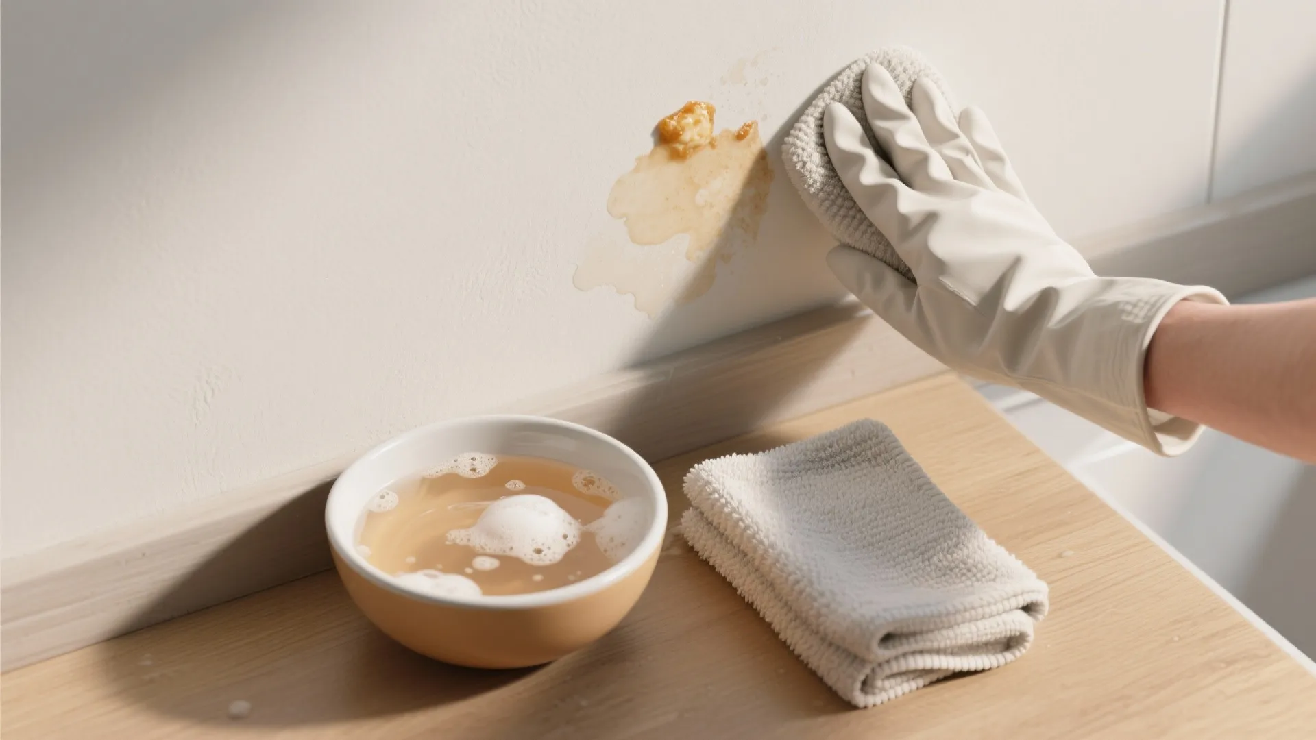 Top-down view of a bowl of soapy water and a damp microfiber cloth being used to blot a wall stain.