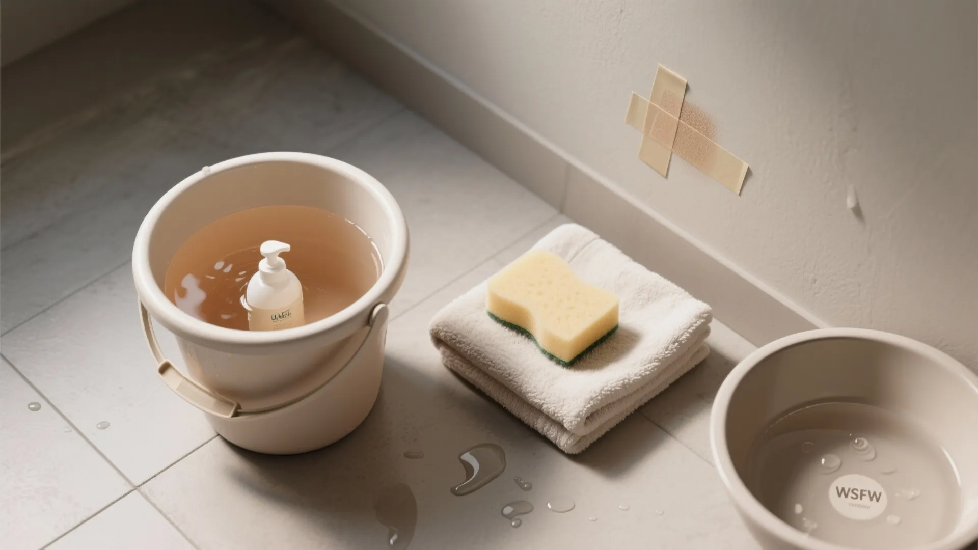 Top-down view of a bucket with mild soapy water, sponge, towel, and a test patch arranged for gentle cleaning of matte paint.