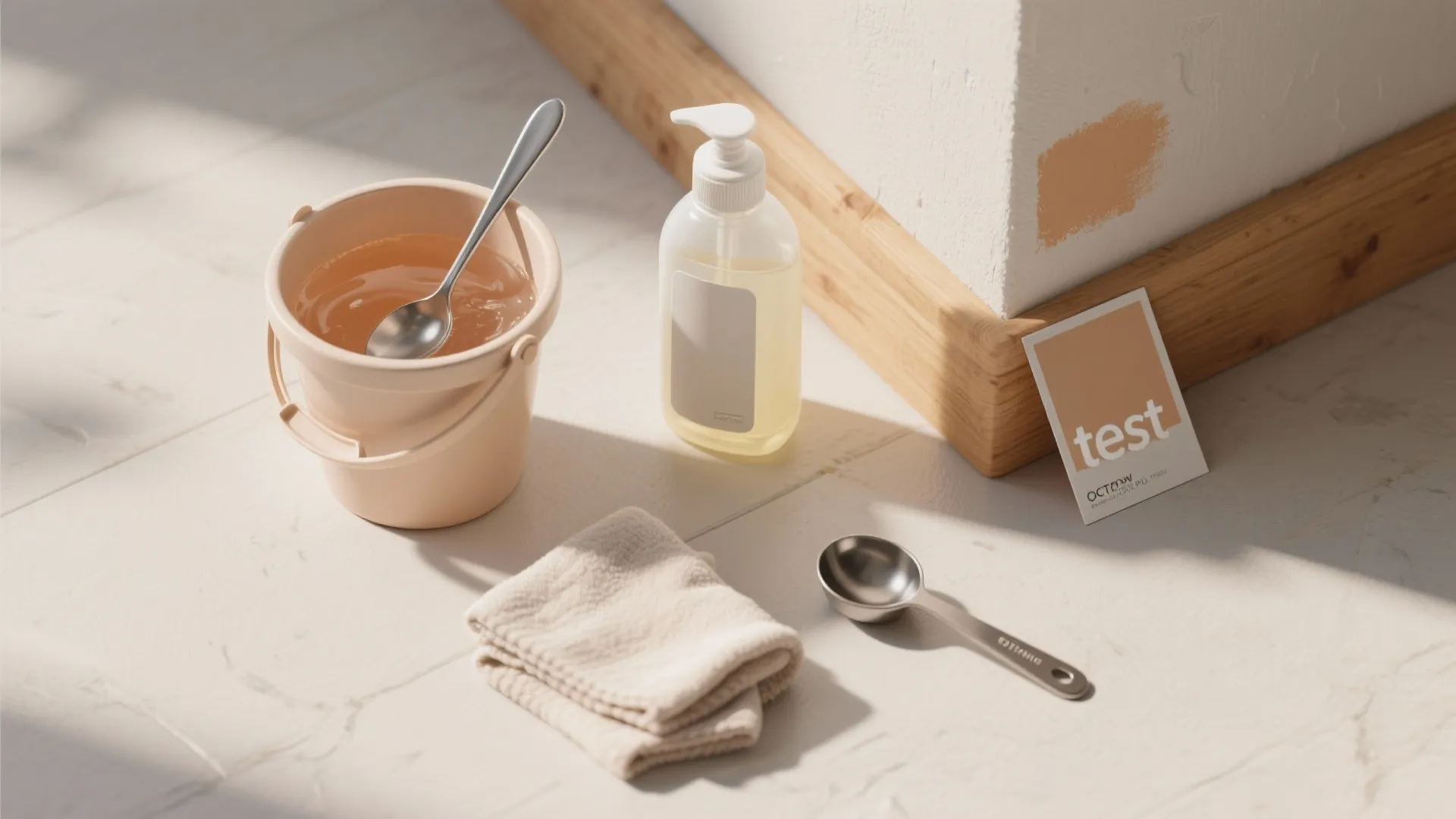 Cleaning supplies including bucket of water soap bottle towel and spoon on a white floor