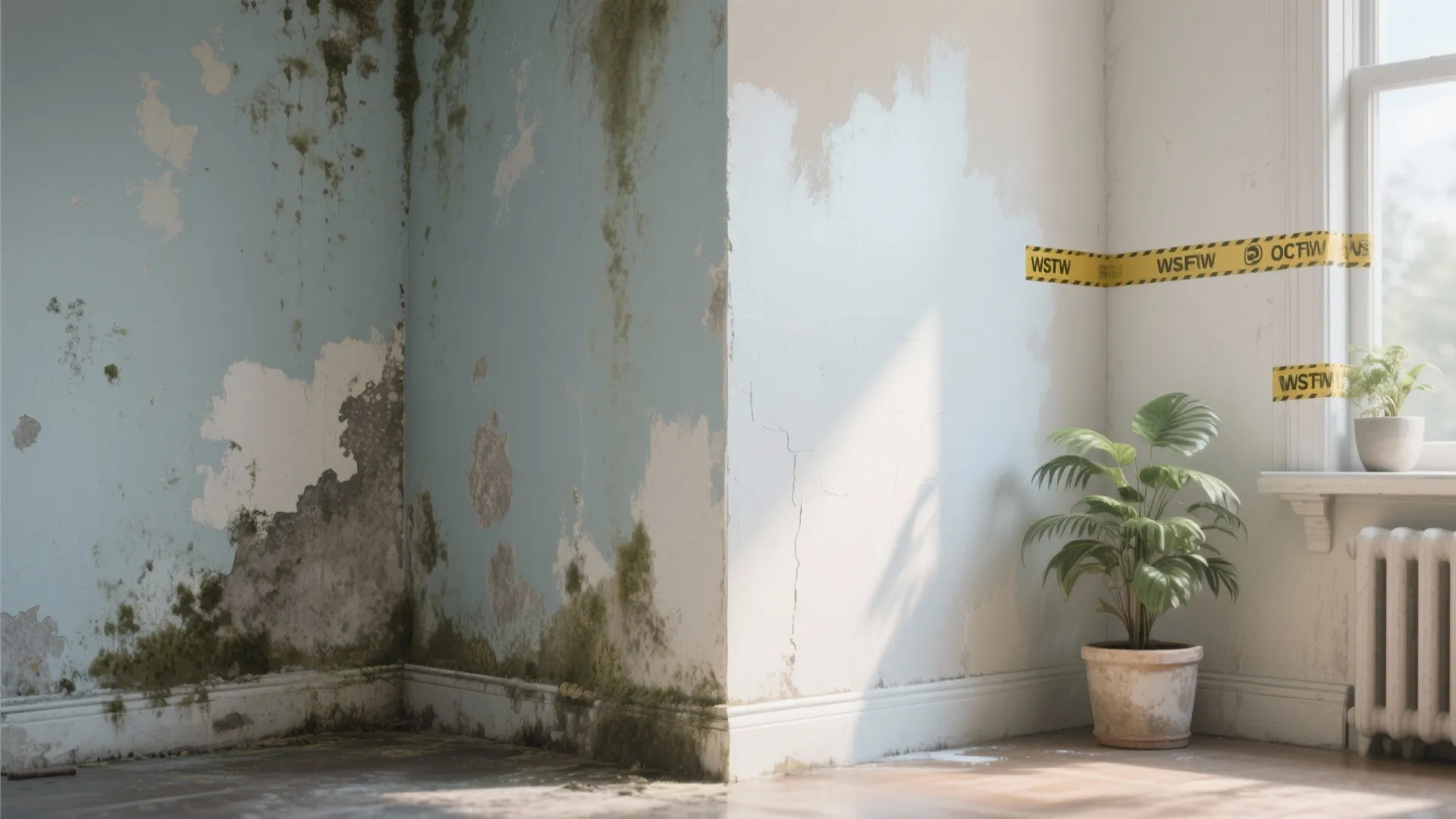 Before-and-after comparison showing a moldy corner versus a clean white wall with a potted plant