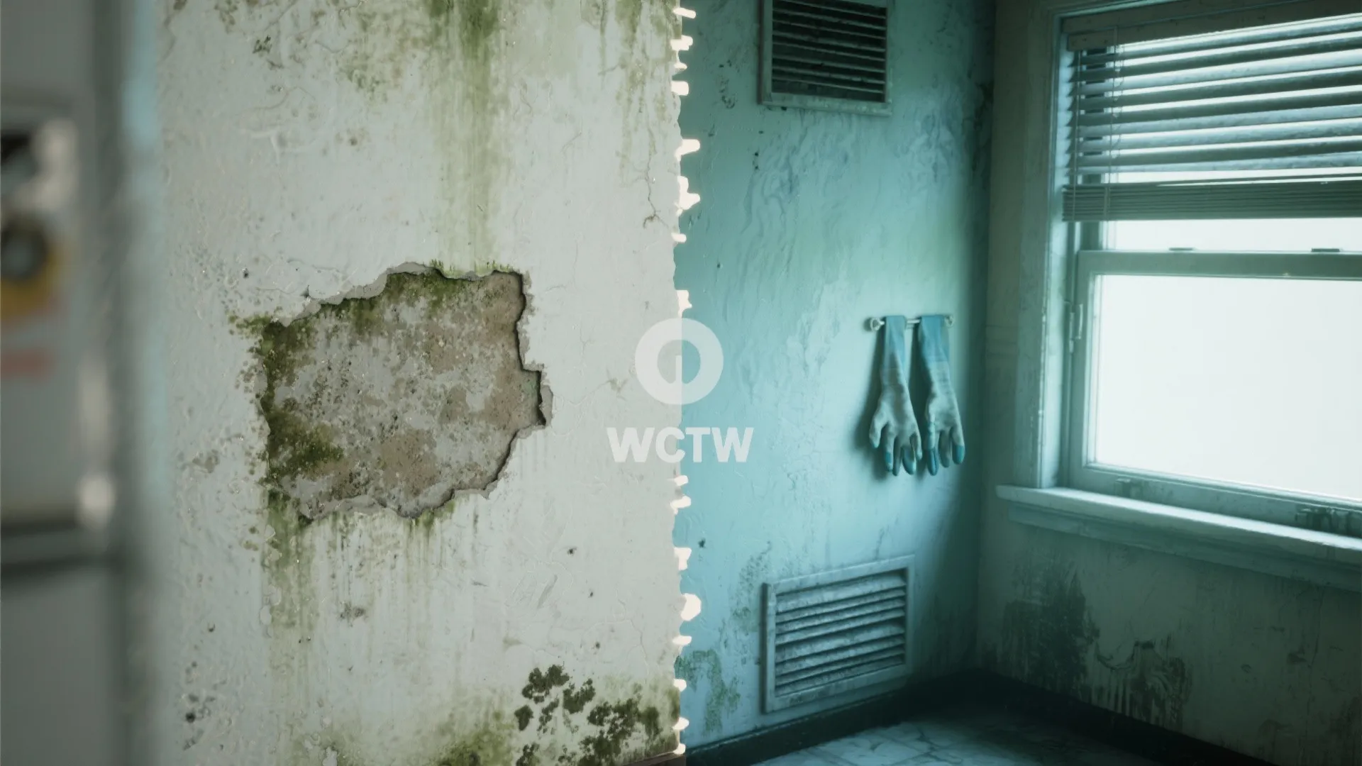 Before and after comparison showing a moldy damaged wall versus a clean blue painted room