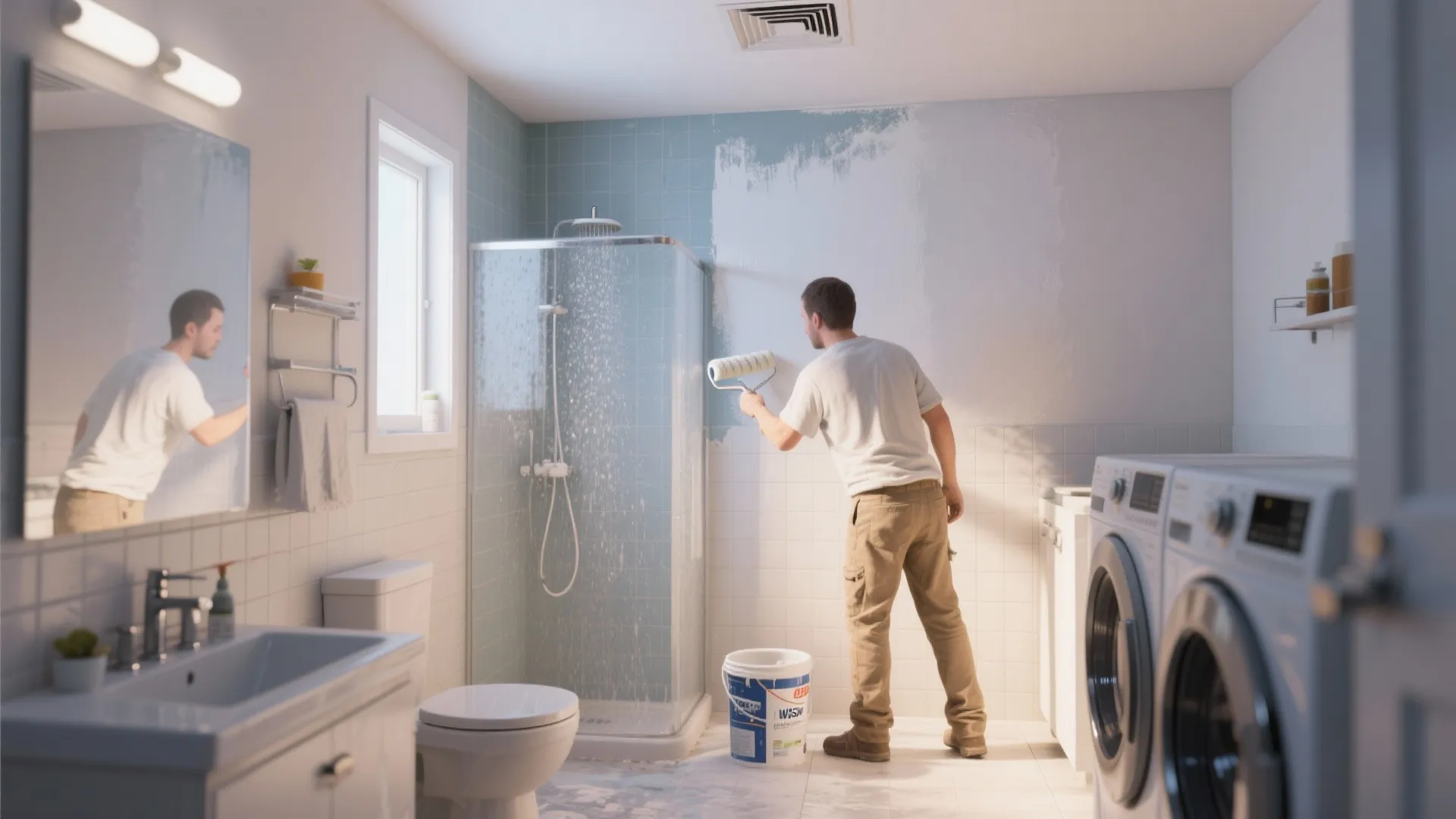 Painter applying mildew-resistant primer in a small bathroom near the shower and vent.