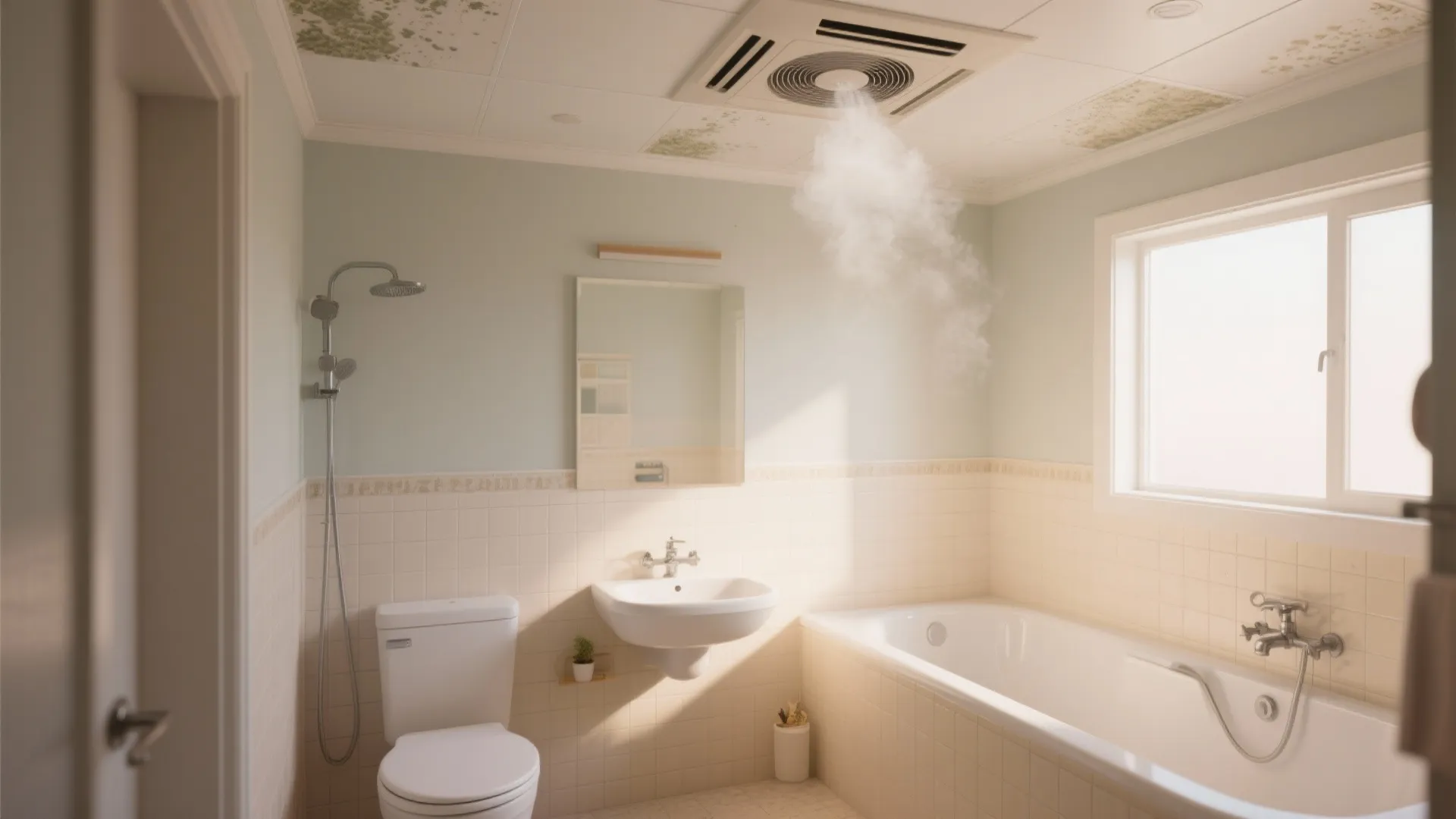 Bright bathroom with white bathtub and toilet showing steam coming from a square ceiling fan