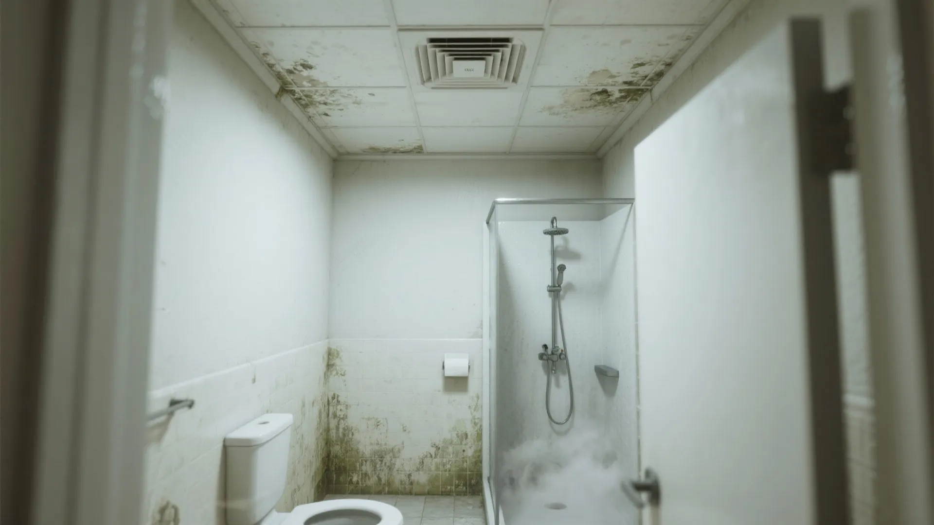 Dirty bathroom with mold on white ceiling tiles and wall next to shower and toilet