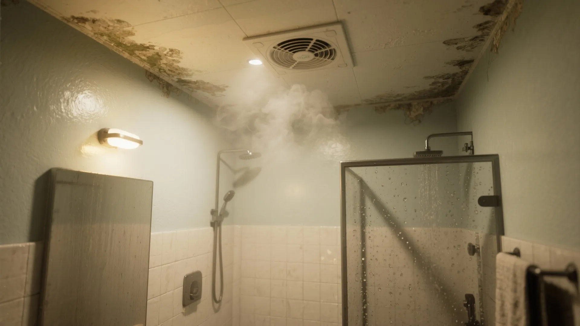 Small bathroom showing steam rising toward a ceiling fan with visible mold on the walls