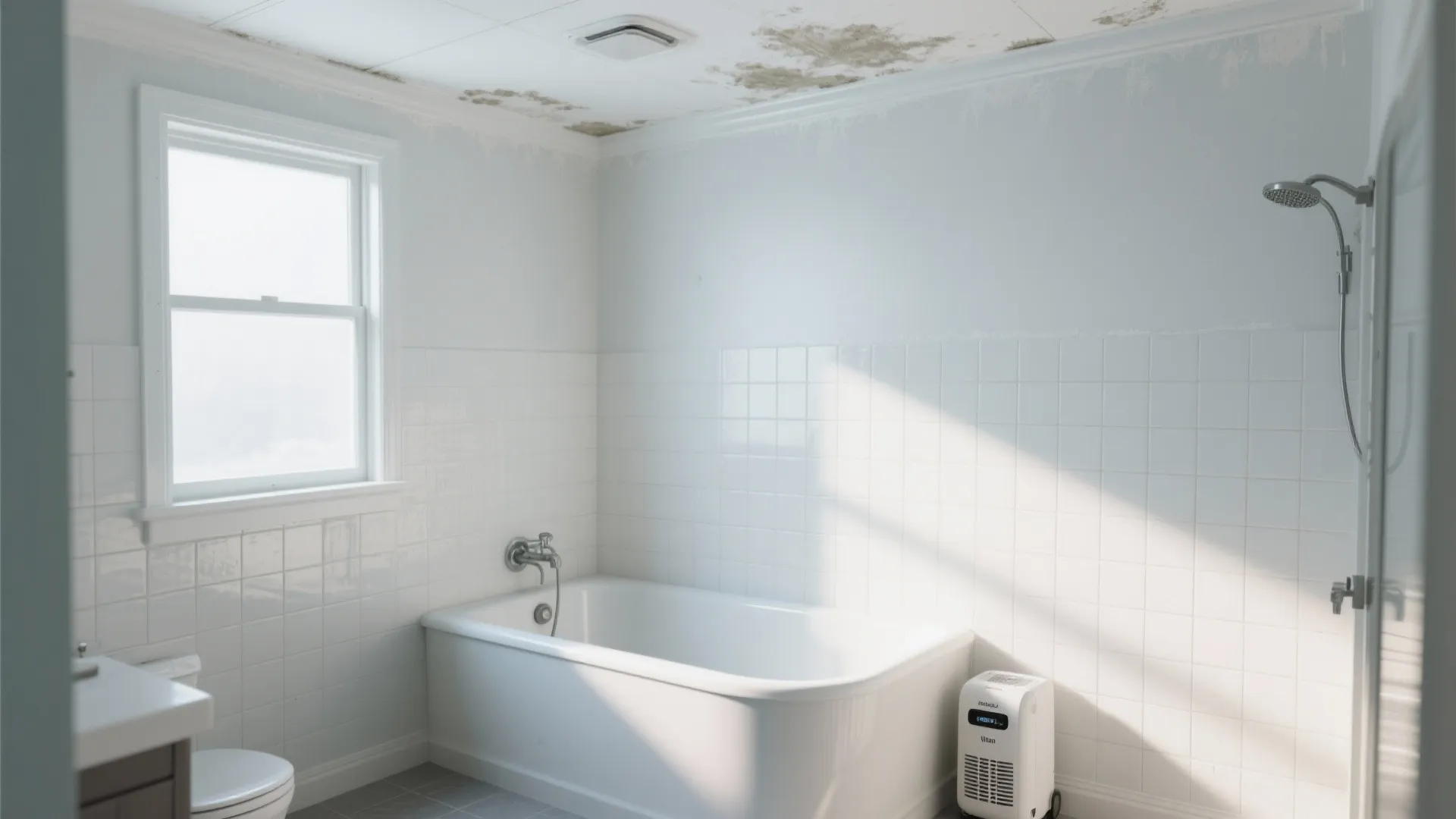 White bathroom with mold on ceiling featuring a bathtub white tiles window and shower head