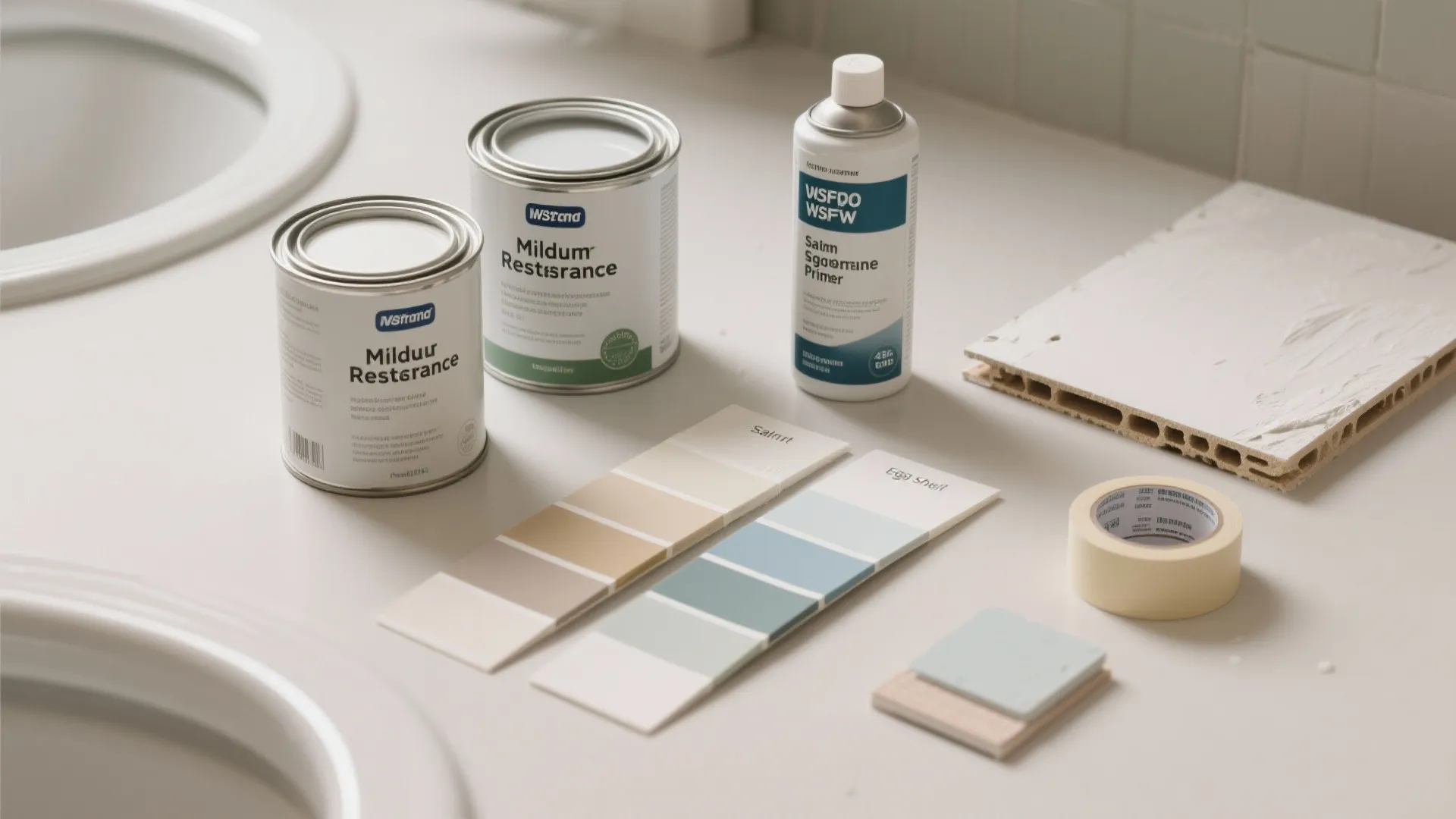Two white paint cans with color cards and tools for a home wall painting project