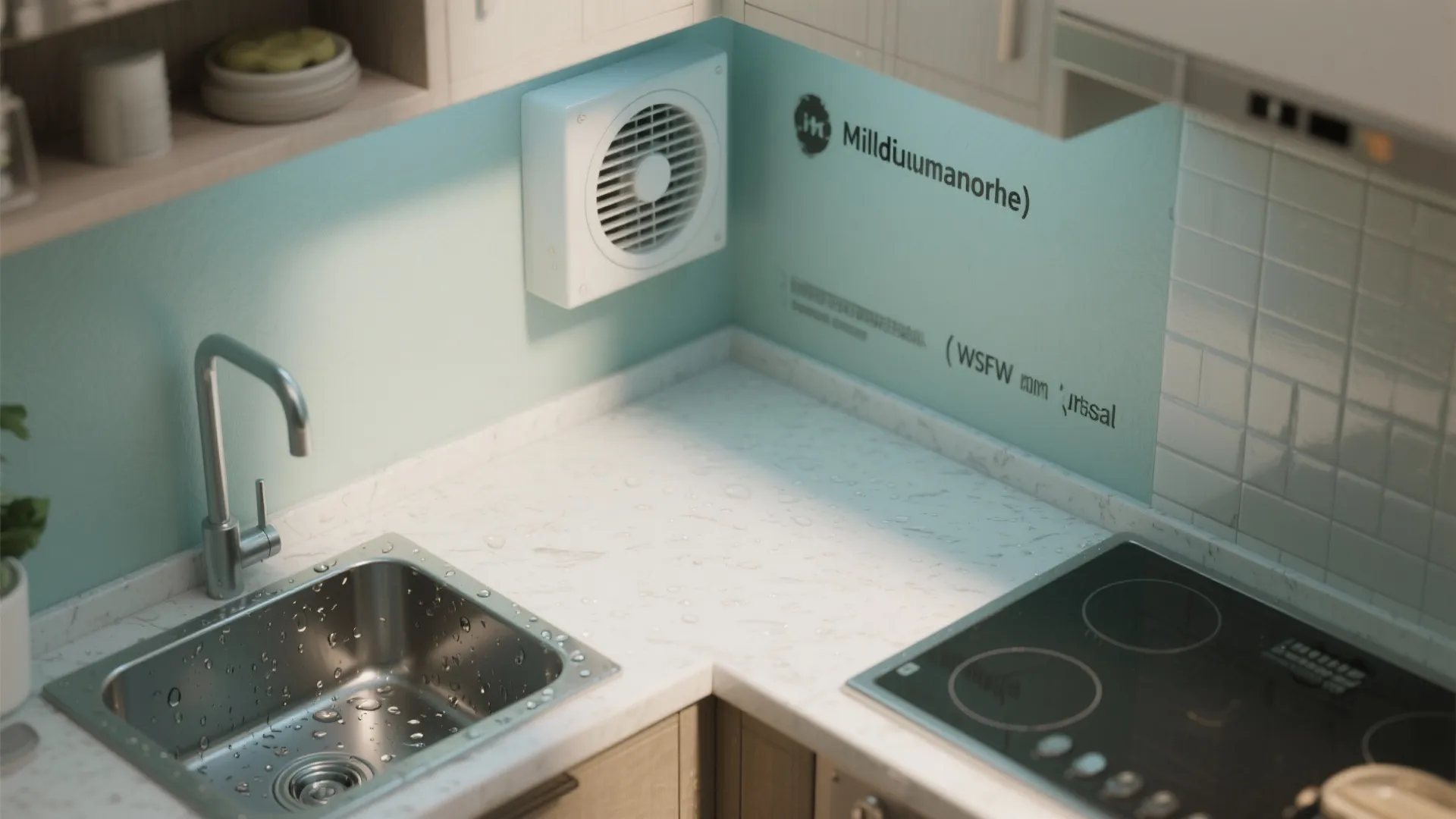 Kitchen corner with white countertop water drops sink stove and a wall mounted ventilation fan