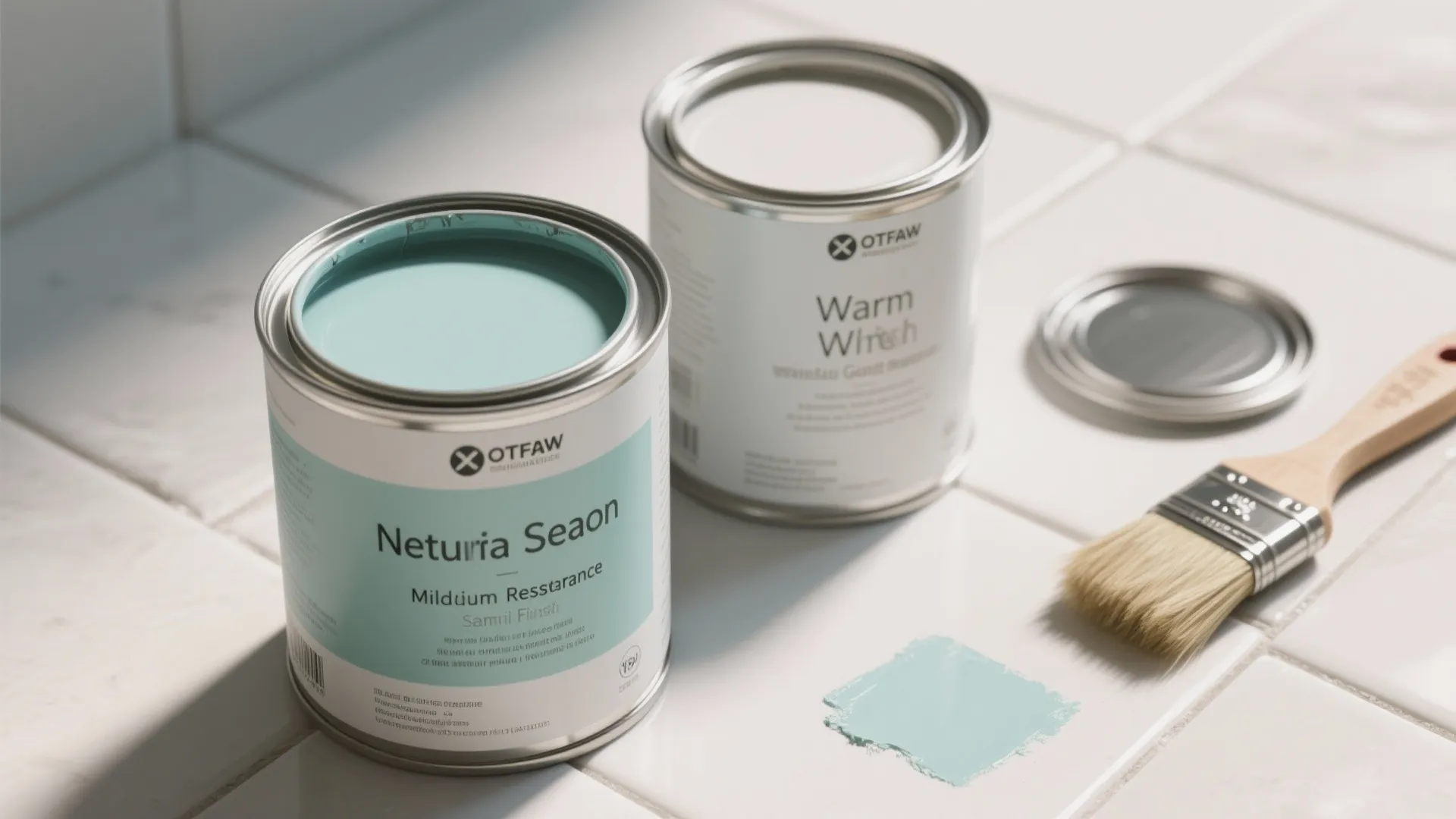 Flatlay of mildew-resistant paint cans, primer, and brushes with a test patch on tile
