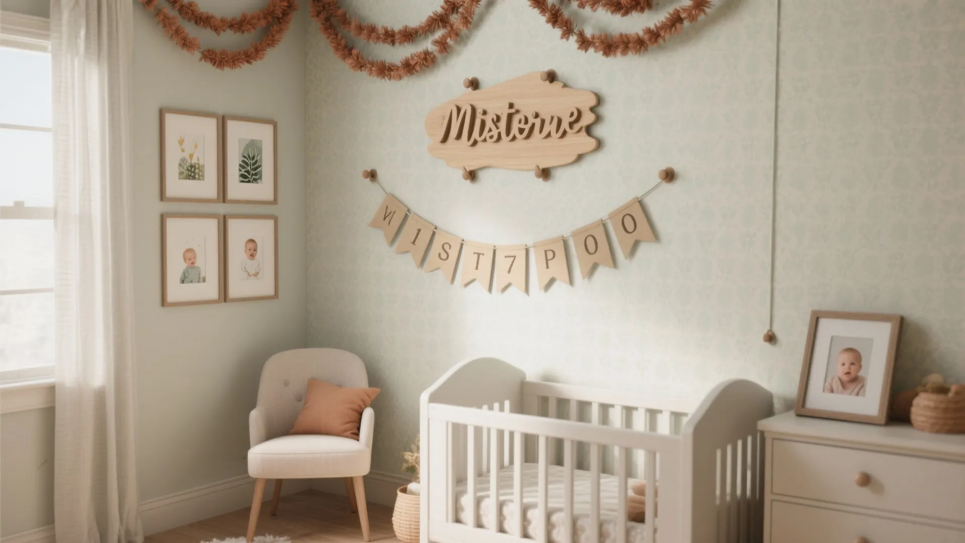 Bright nursery room with white baby bed small grey chair wall frames and a banner
