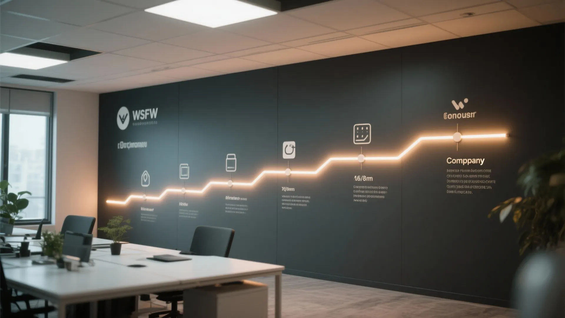 Modern office wall featuring a glowing company timeline with white desks and black office chairs