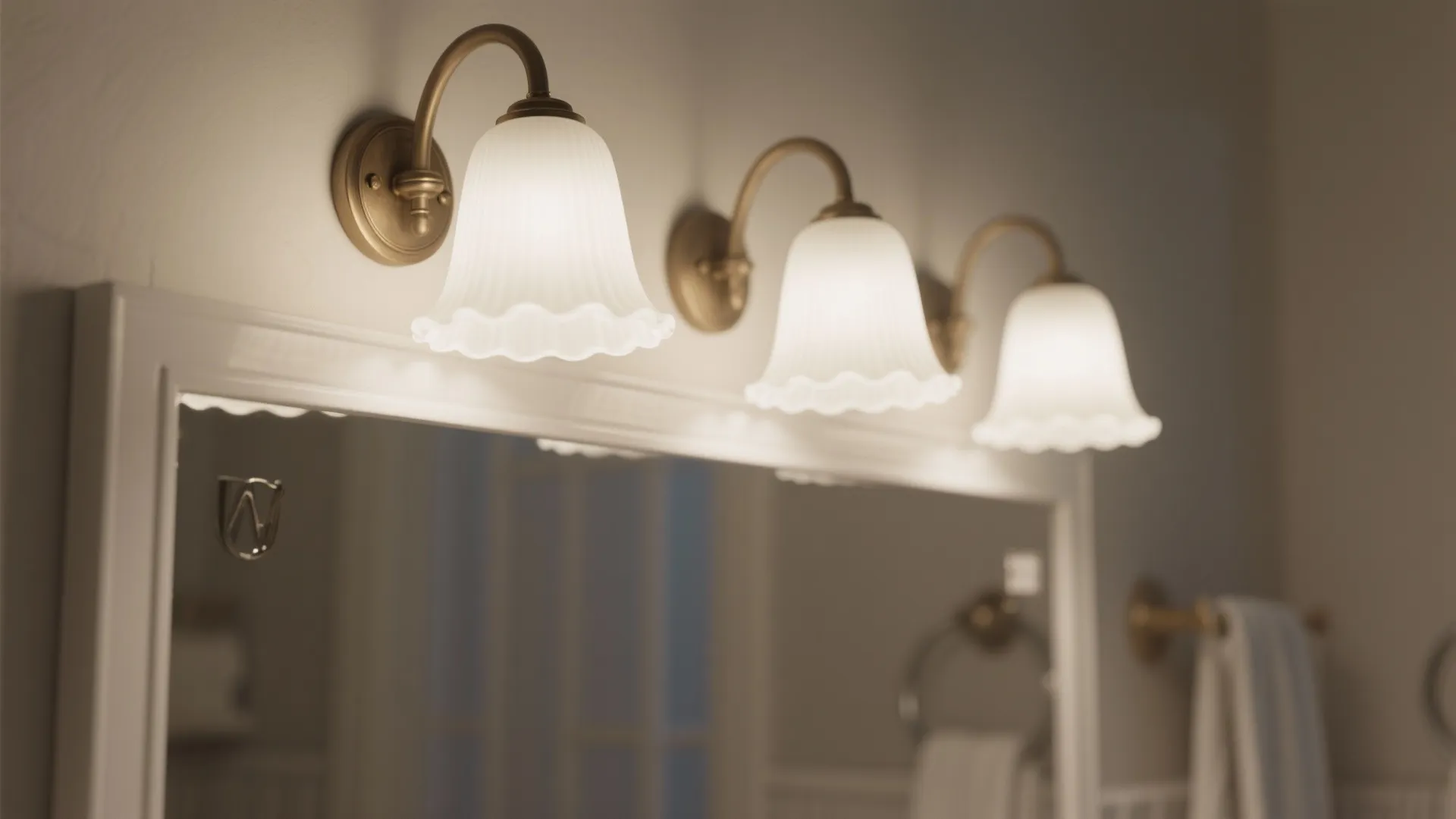 Milk glass vanity bar light above mirror with soft diffused glow