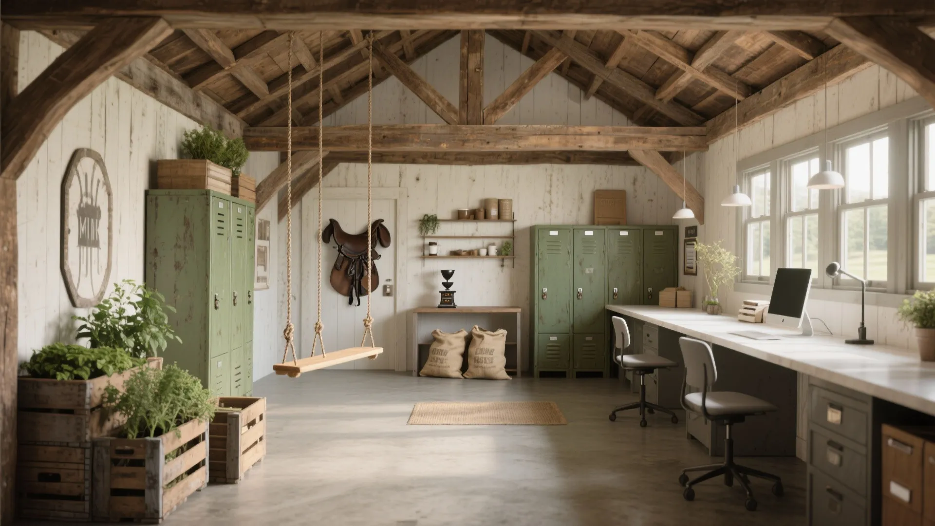 Rustic home office with wooden ceiling beams green metal lockers indoor plants and a wooden swing