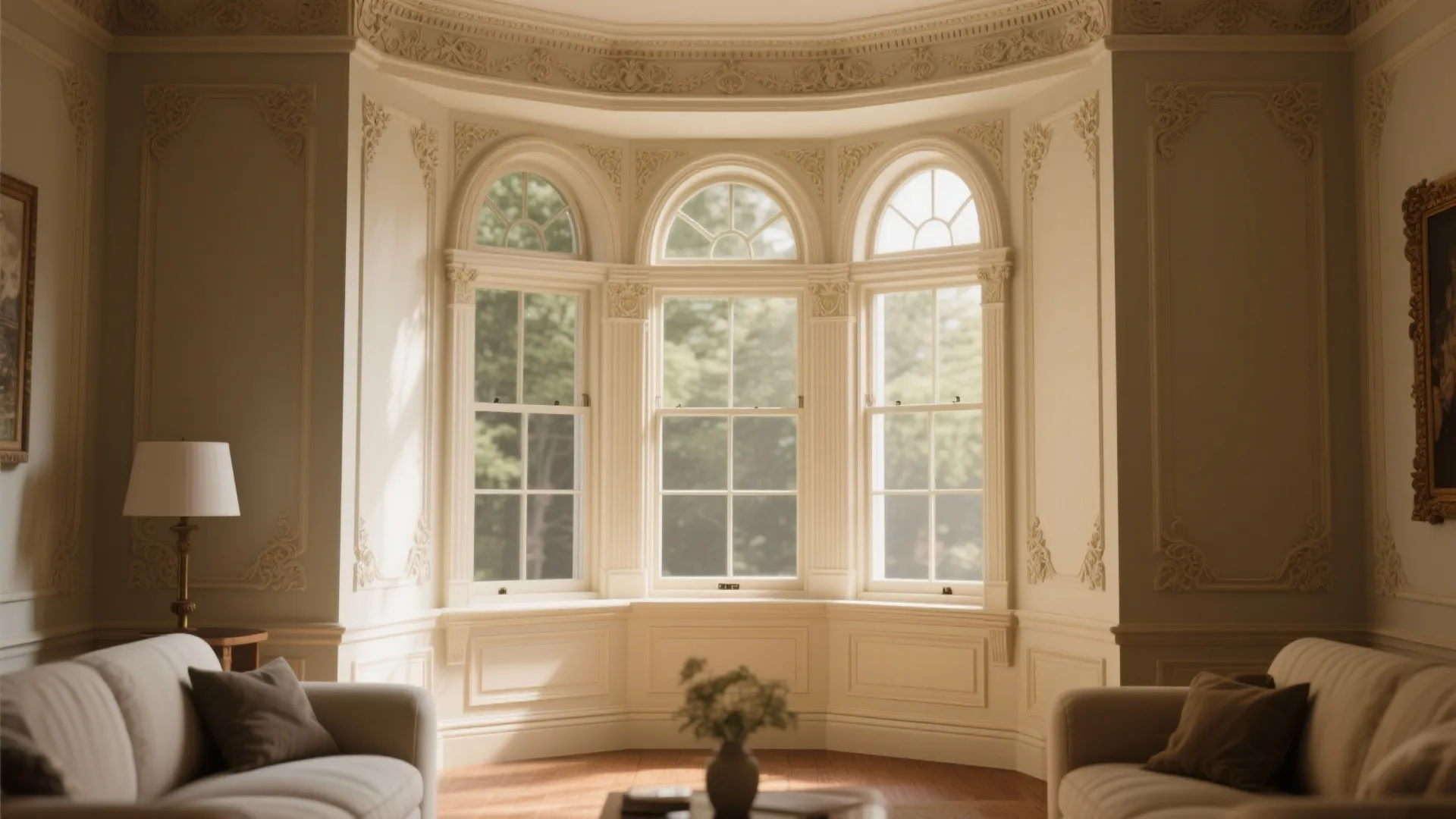 Elegant living room featuring classic wall panels and three large windows with beautiful decorative trim
