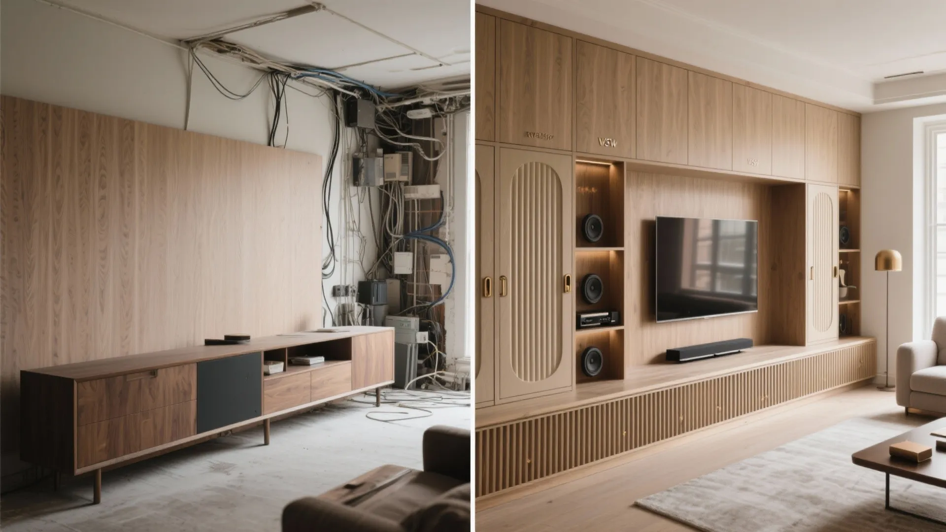 Before and after comparison showing messy exposed wires transformed into clean modern wood wall cabinet