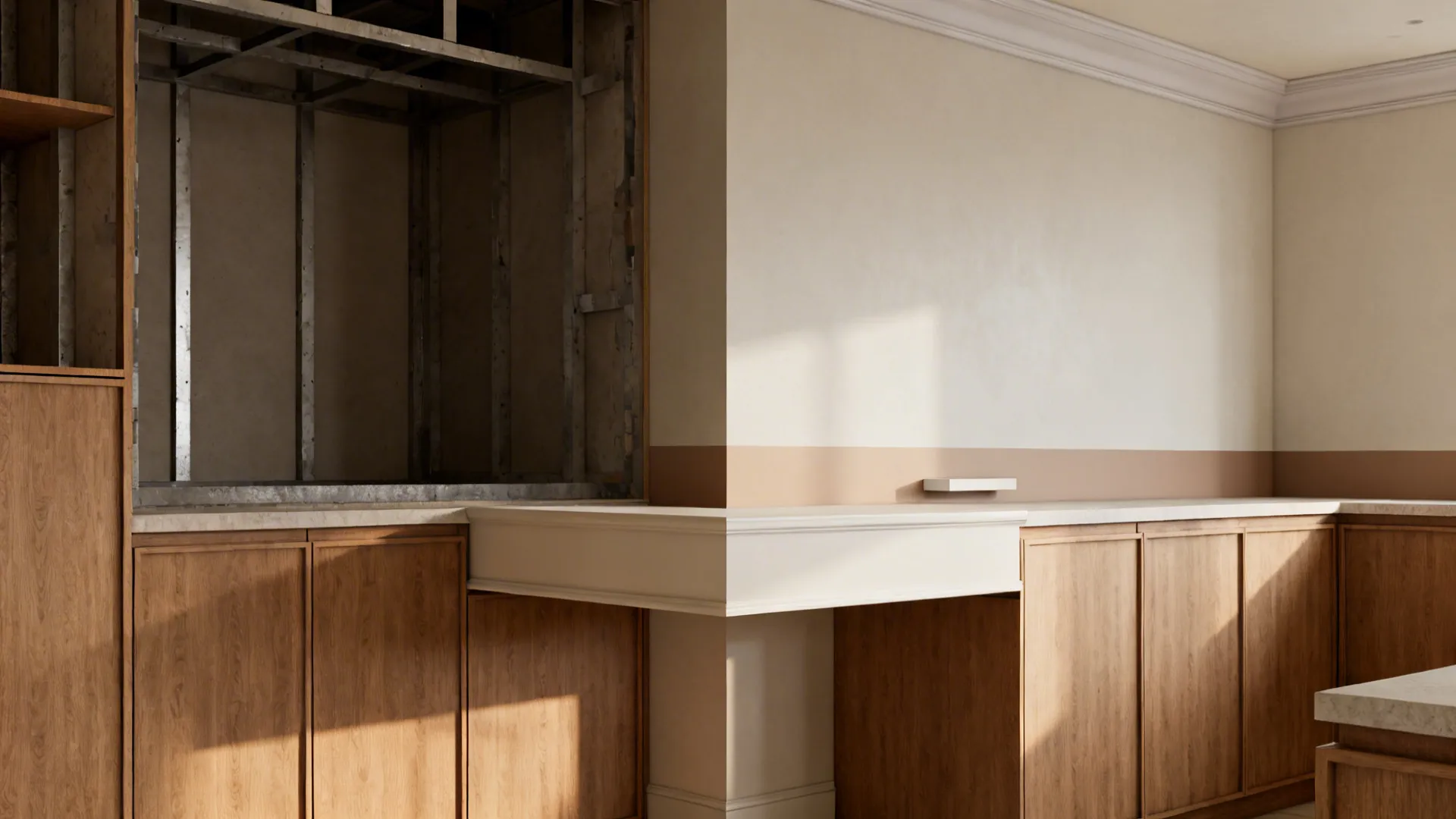 Before-and-after showing a painted millwork bridge and color block unifying a high cabinet gap.