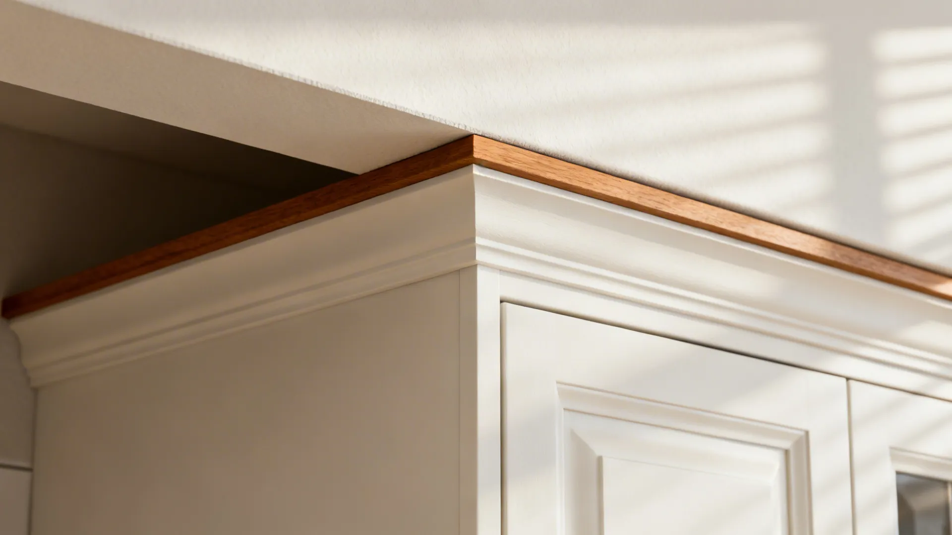 Macro of painted MDF bridge with clean joints and semi-matte sheen above cabinets.