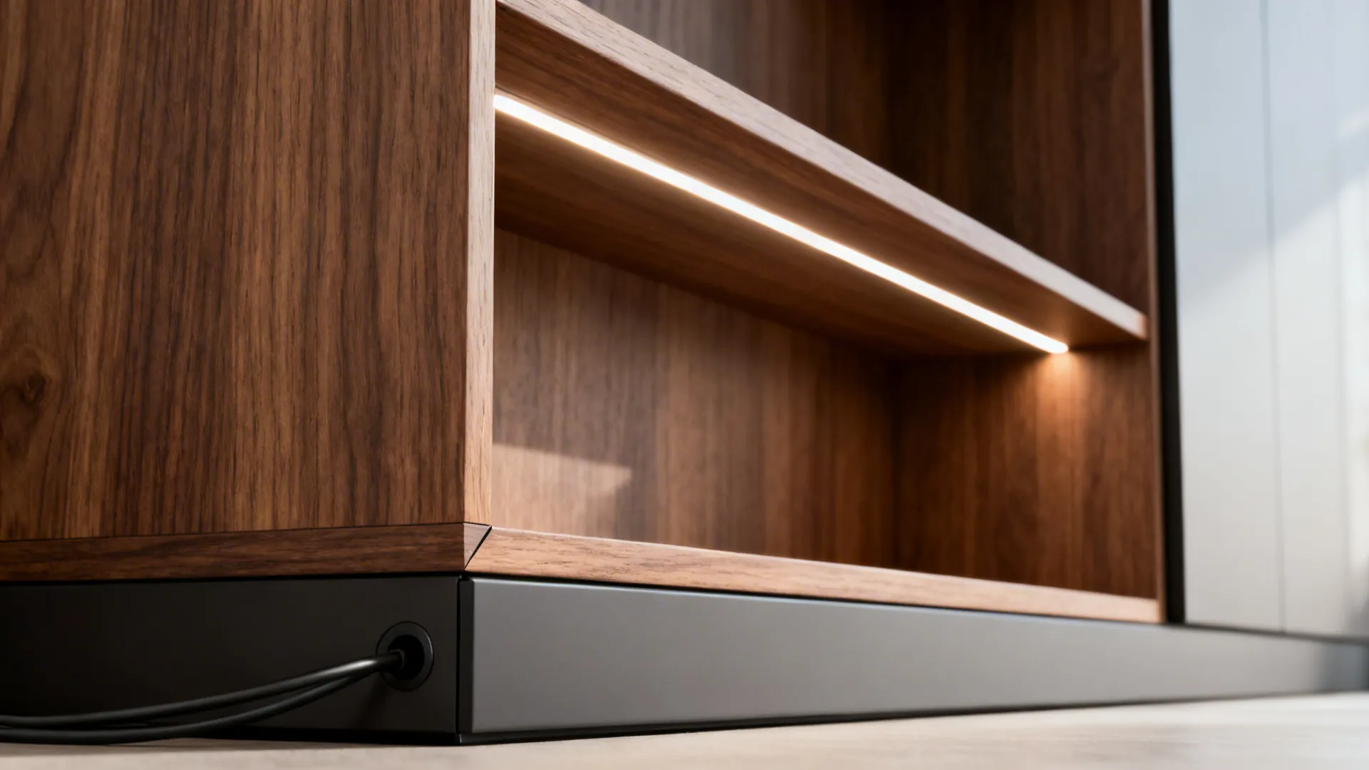 Macro of recessed LED strip inside shelf with precise millwork and cable pass-through.