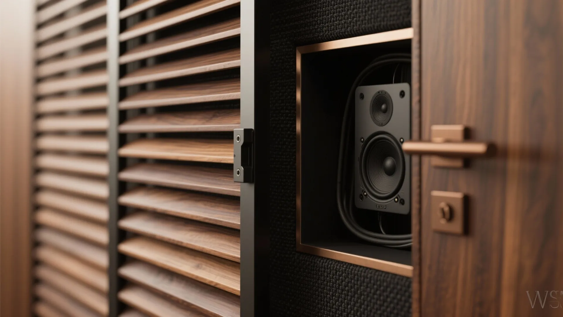 Close up of a black speaker built into a wood wall with door and slats