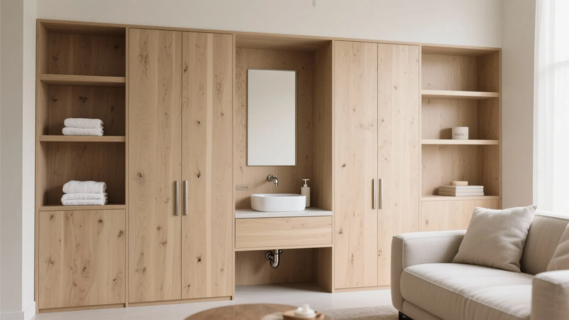 Basin integrated into a living room millwork niche with shelves and satin hardware.