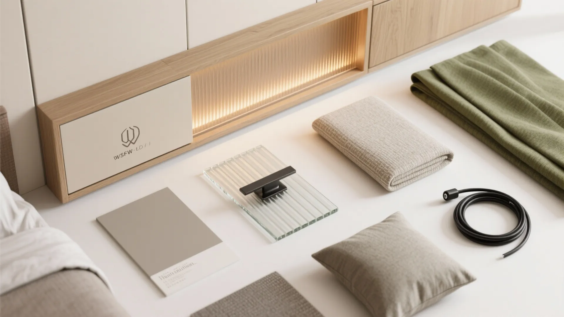 Interior design material palette with wood samples fabric pieces glass handle and a small pillow