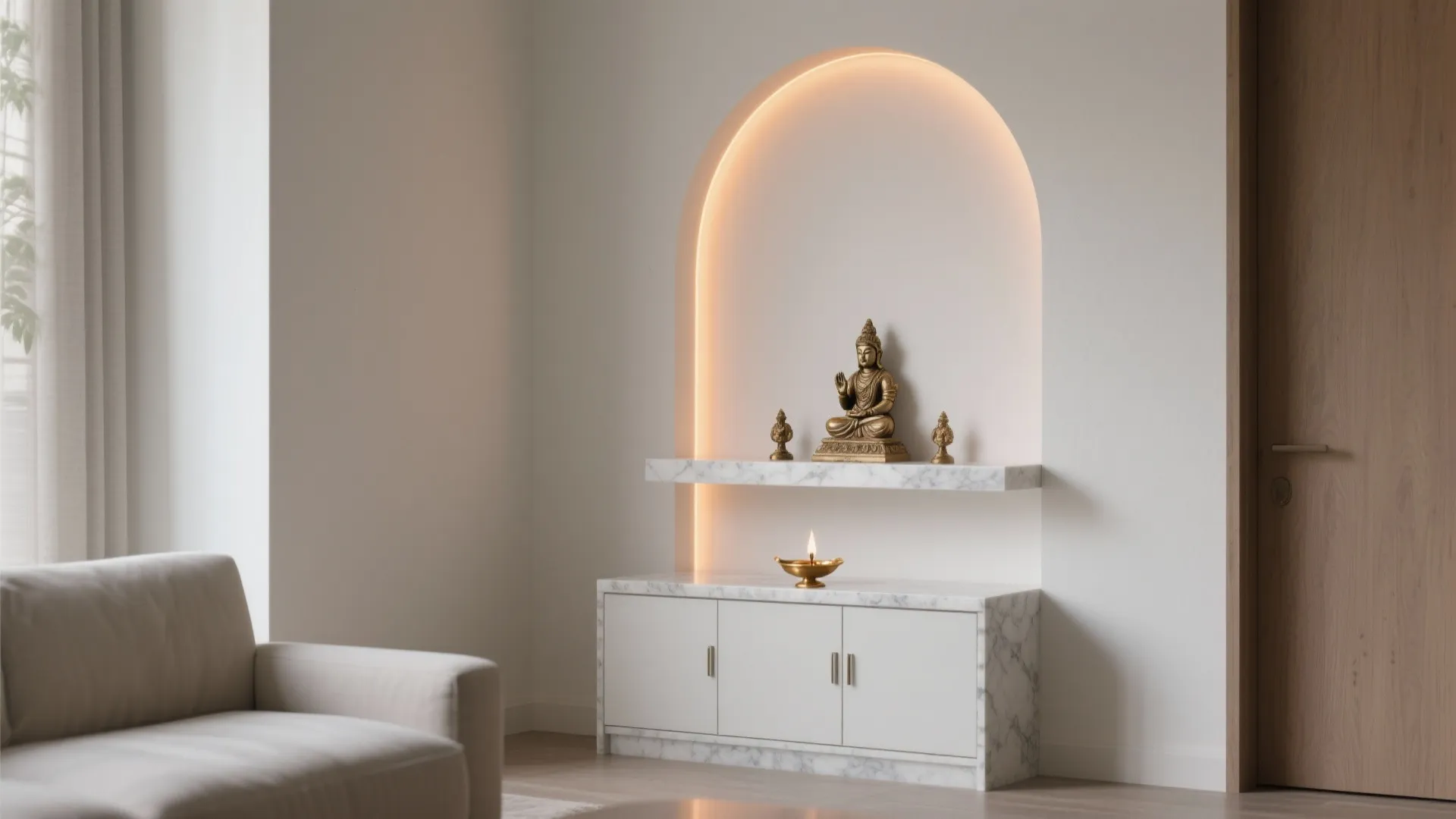 Minimalist arched niche for a calm mandir